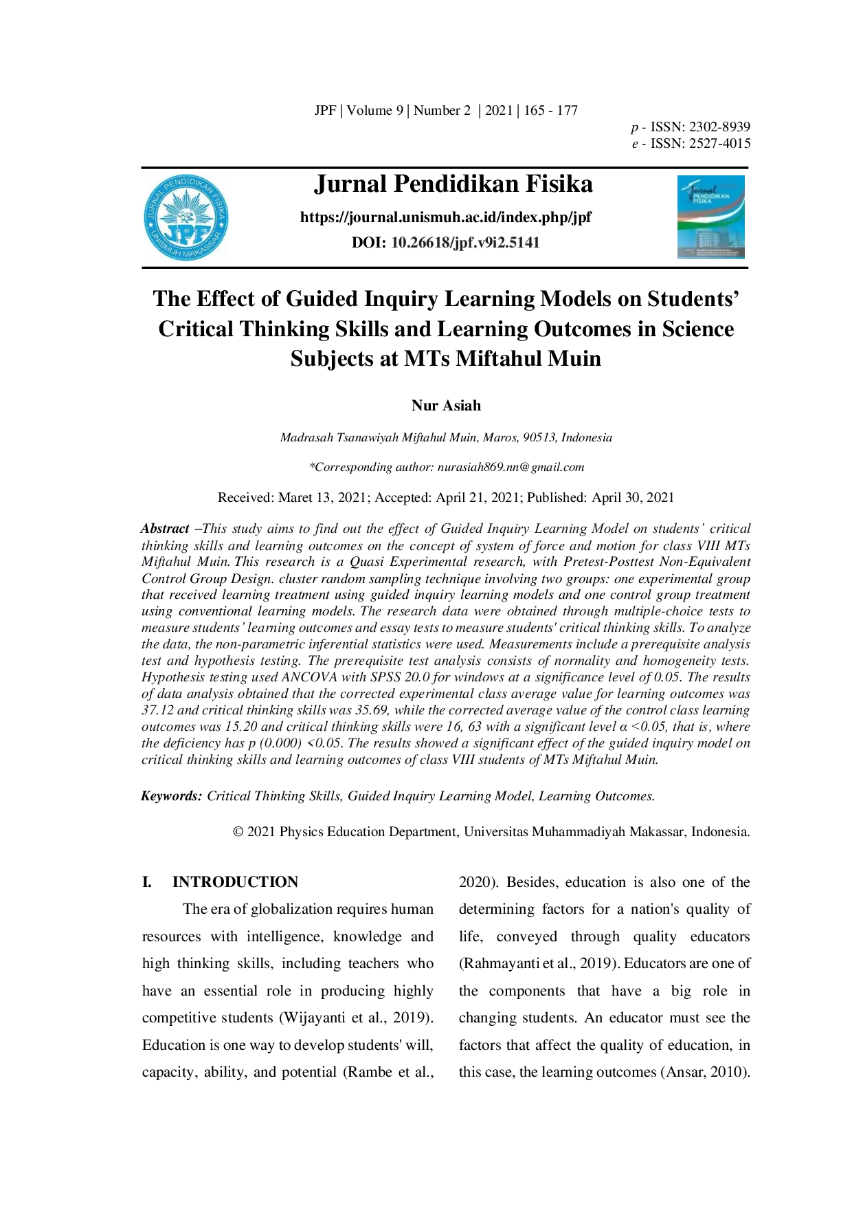 JURIS The Effect of Guided Inquiry Learning Models on Students Critical Thinking Skills and Learning Outcomes in Science Subjects at MTs Miftahul Muin