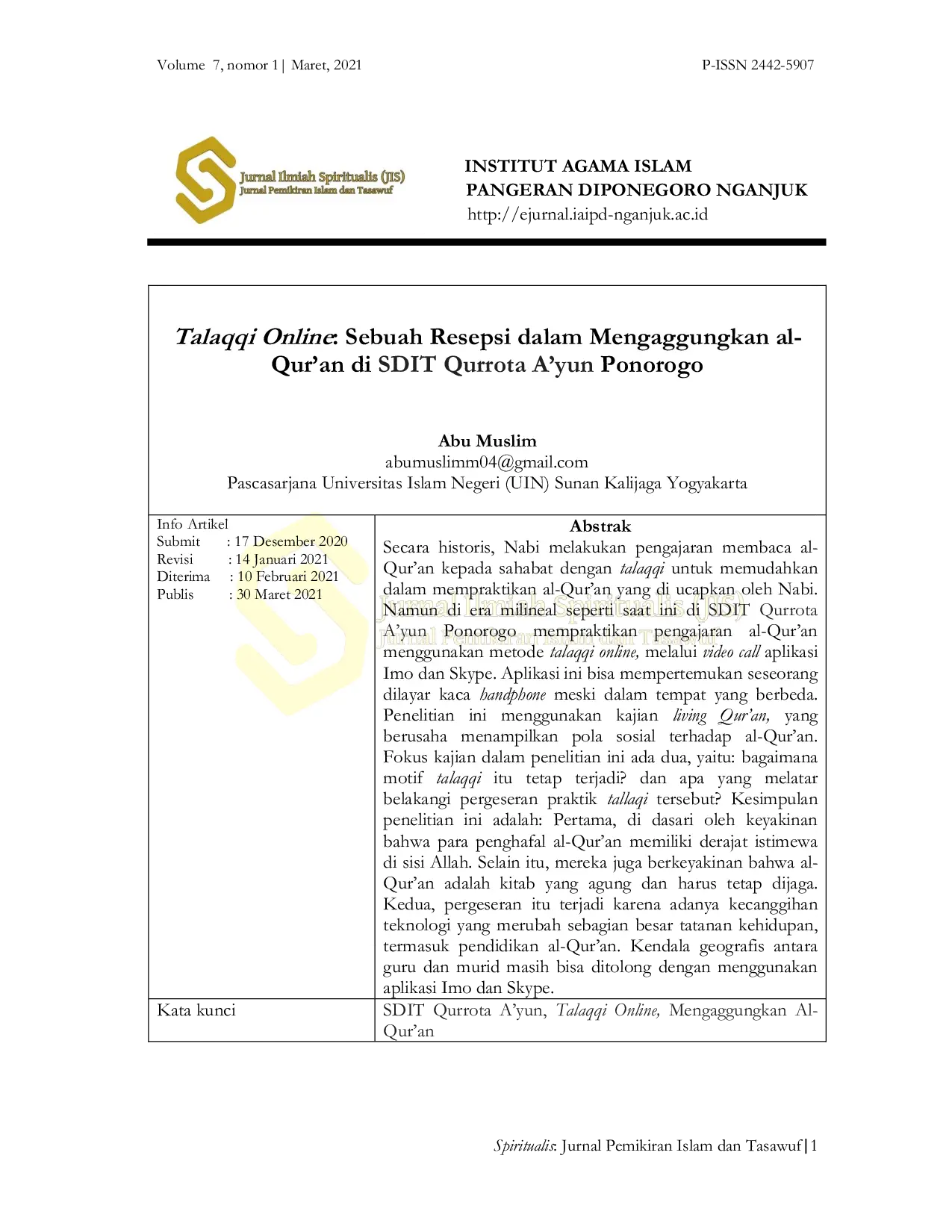 JURIS Talaqqi Online Sebuah Resepsi dalam Mengaggungkan Al Qur an di SDIT Qurrota A yun Ponorogo