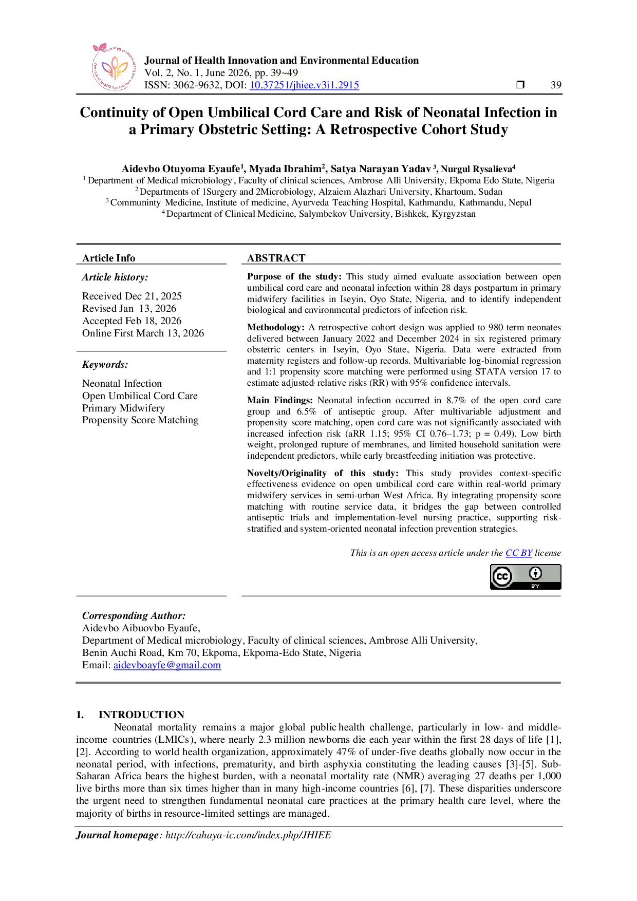 JURIS Continuity of Open Umbilical Cord Care and Risk of Neonatal Infection in a Primary Obstetric Setting A Retrospective Cohort Study