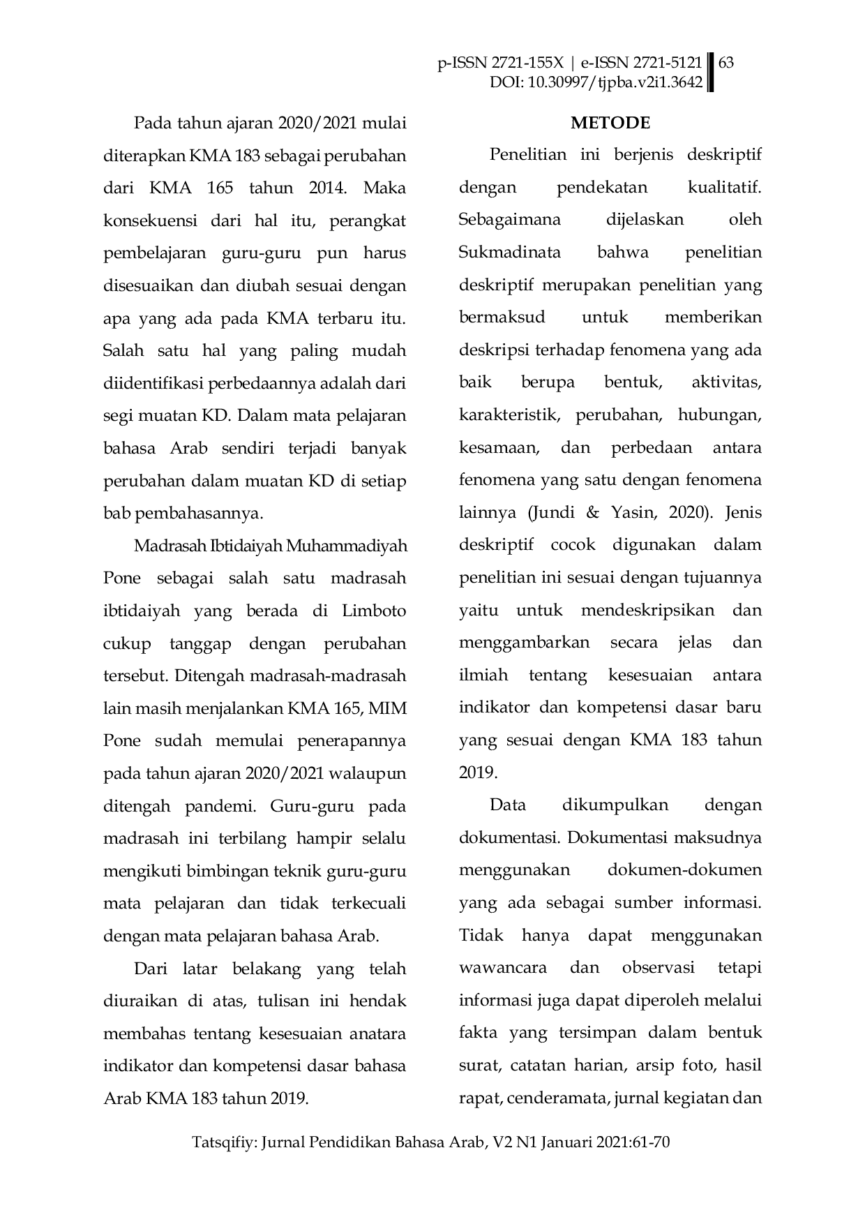 JURIS Analisis Kesesuaian Indikator dan Kompetensi Dasar Bahasa Arab KMA 183