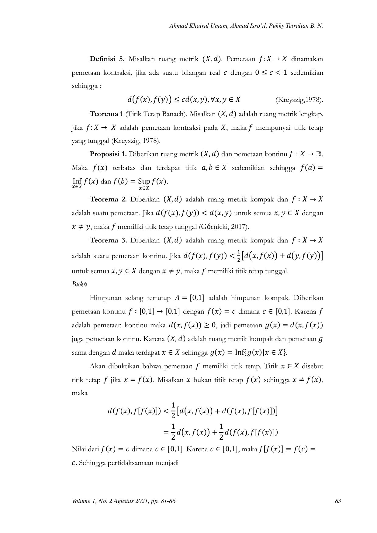 JURIS Beberapa Teorema Titik Tetap untuk Pemetaan Kontinu di Ruang Metrik Kompak