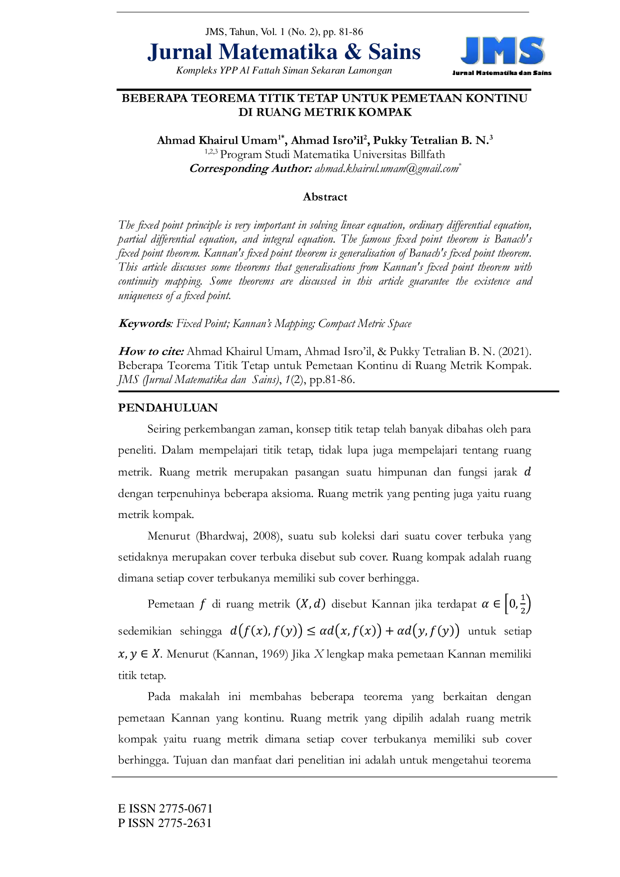 JURIS Beberapa Teorema Titik Tetap untuk Pemetaan Kontinu di Ruang Metrik Kompak