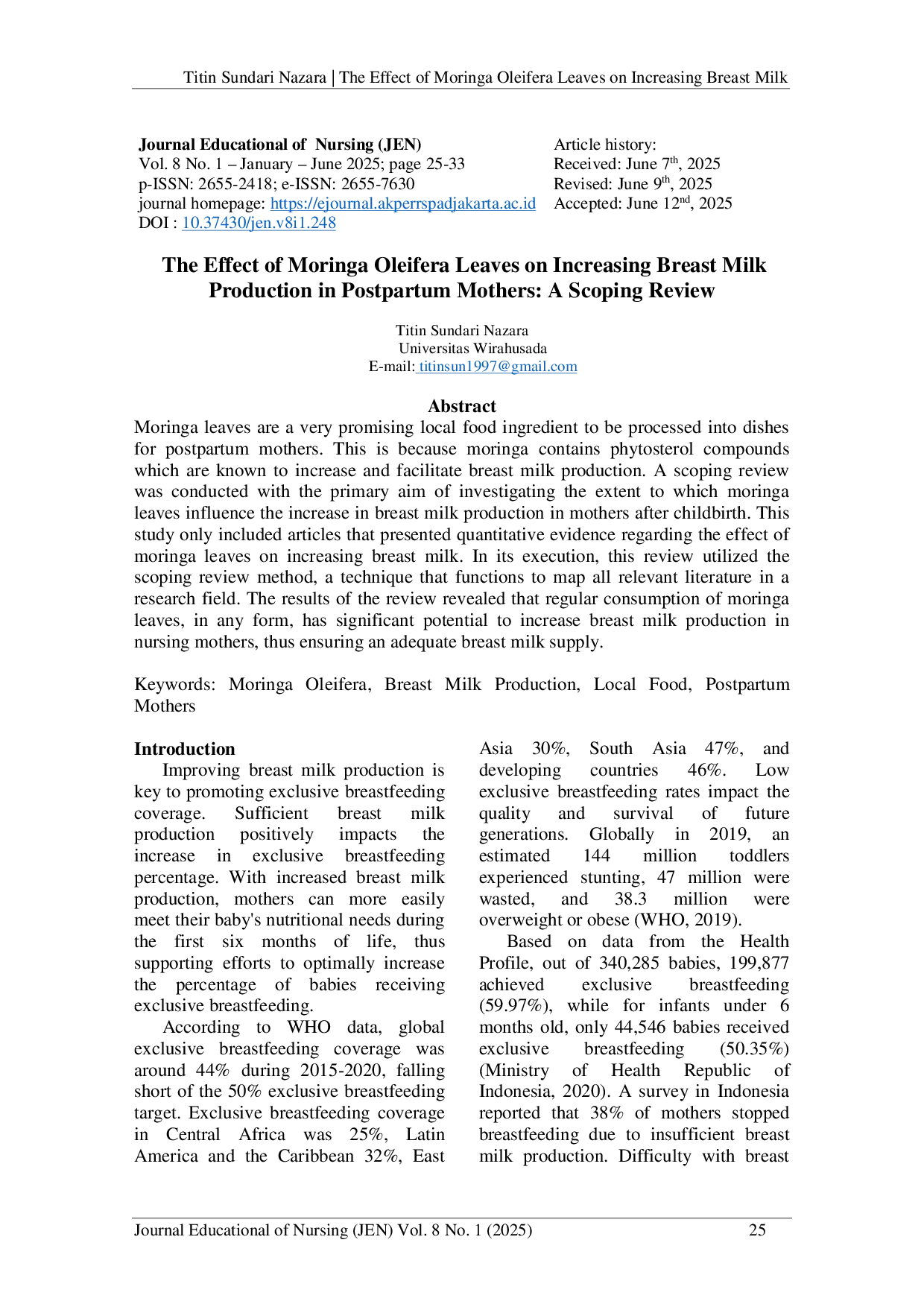 JURIS The Effect of Moringa Oleifera Leaves on Increasing Breast Milk Production in Postpartum Mothers A Scoping Review