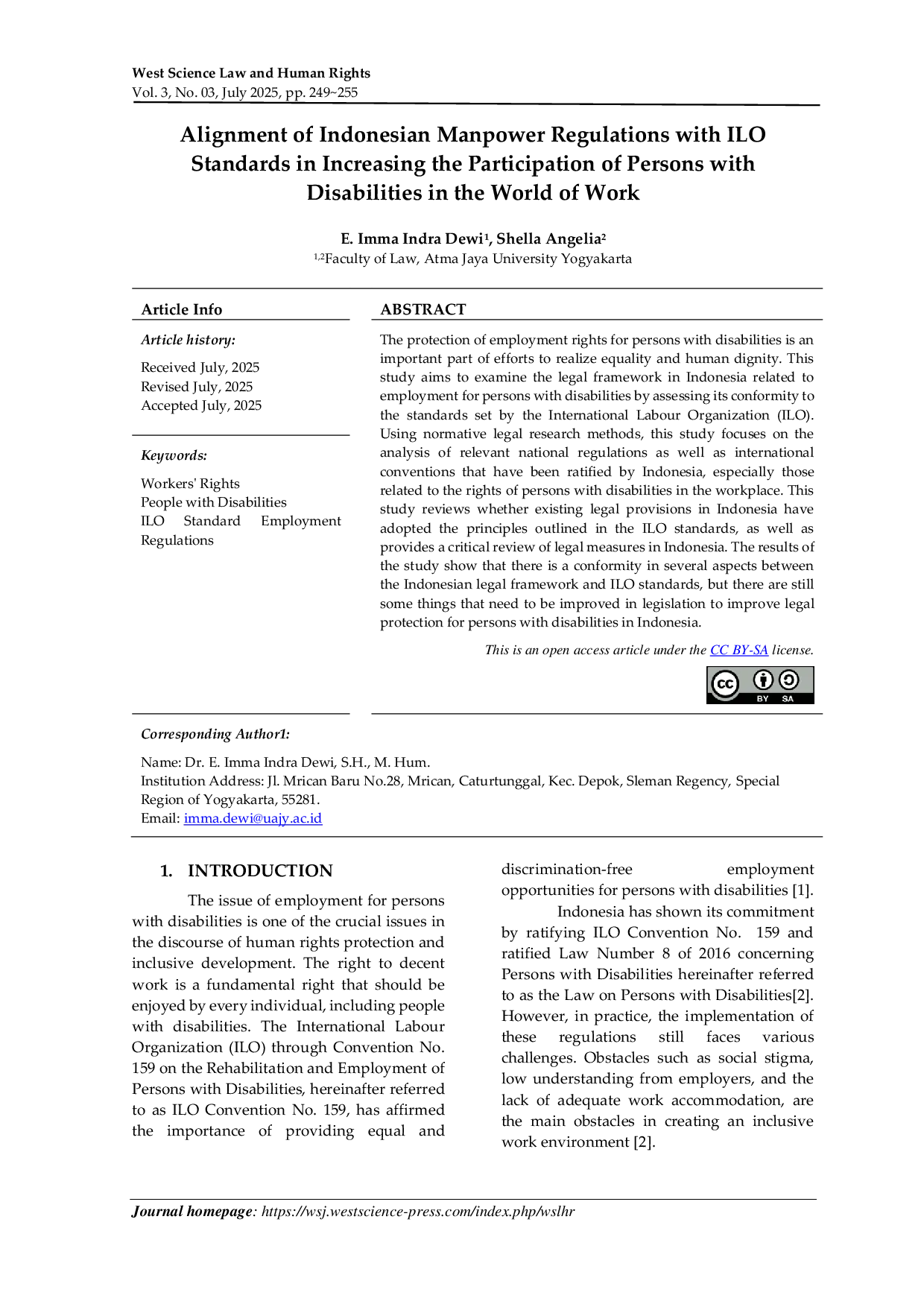JURIS Alignment of Indonesian Manpower Regulations with ILO Standards in Increasing the Participation of Persons with Disabilities in the World of Work