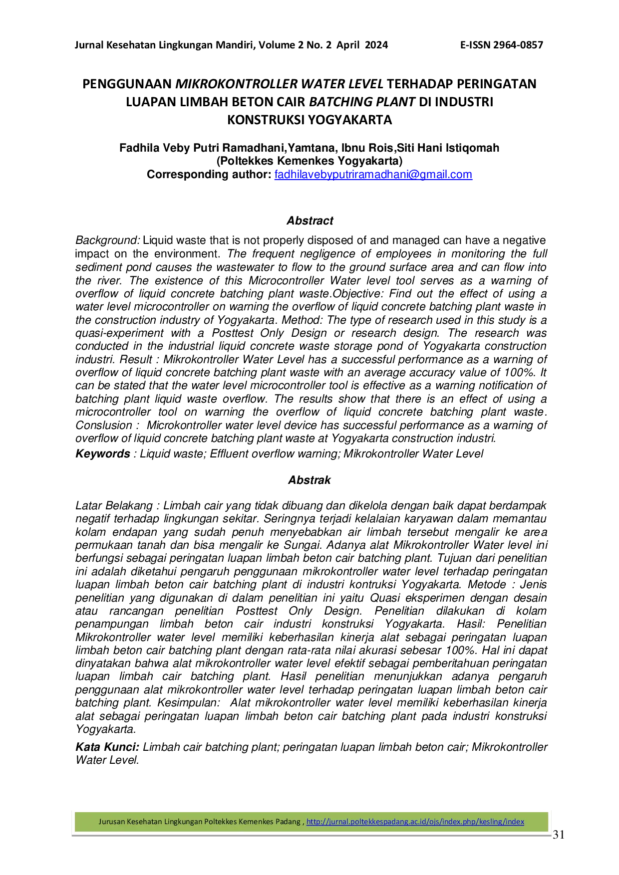 JURIS Penggunaan Mikrokontroller Water Level terhadap Peringatan Luapan Limbah Beton Cair Batching Plant di Industri Konstruksi Yogyakarta