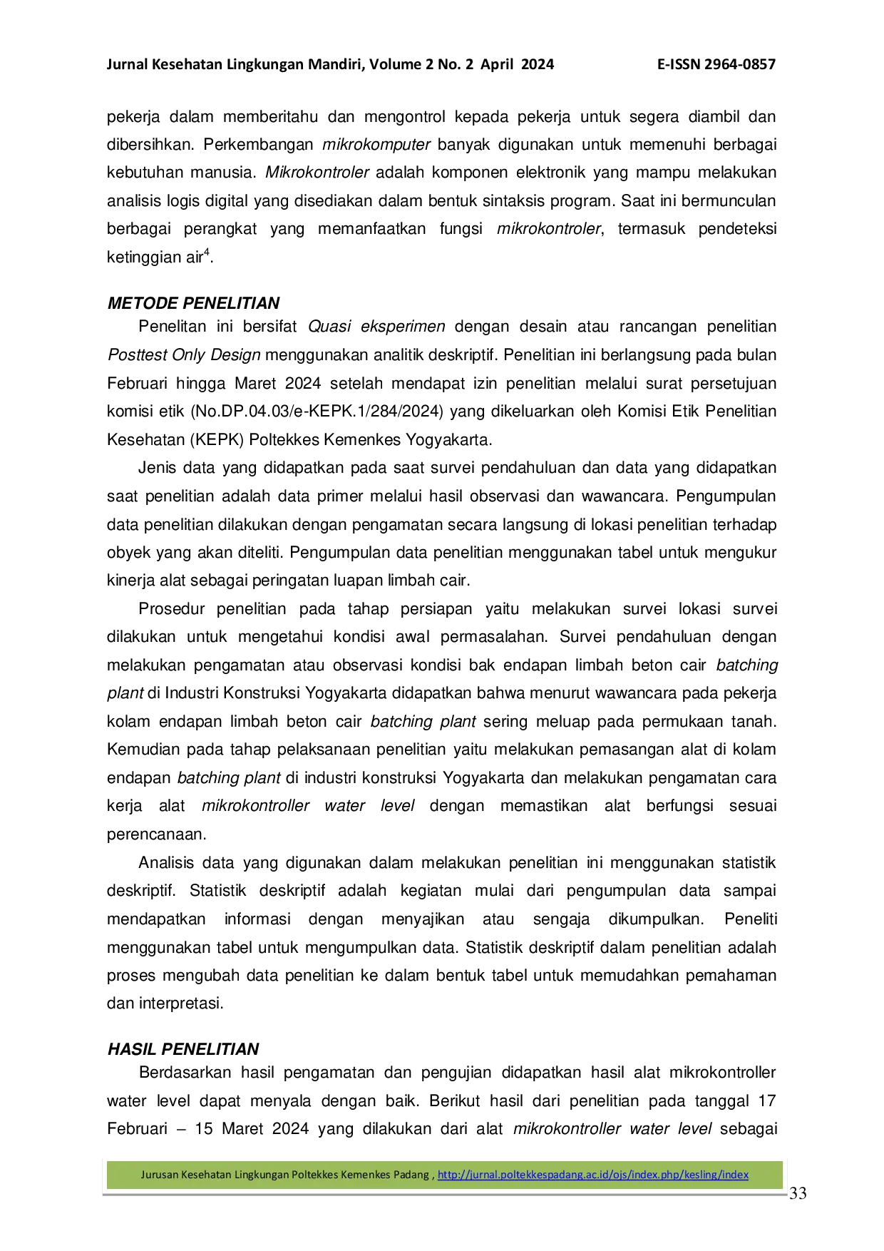 JURIS Penggunaan Mikrokontroller Water Level terhadap Peringatan Luapan Limbah Beton Cair Batching Plant di Industri Konstruksi Yogyakarta