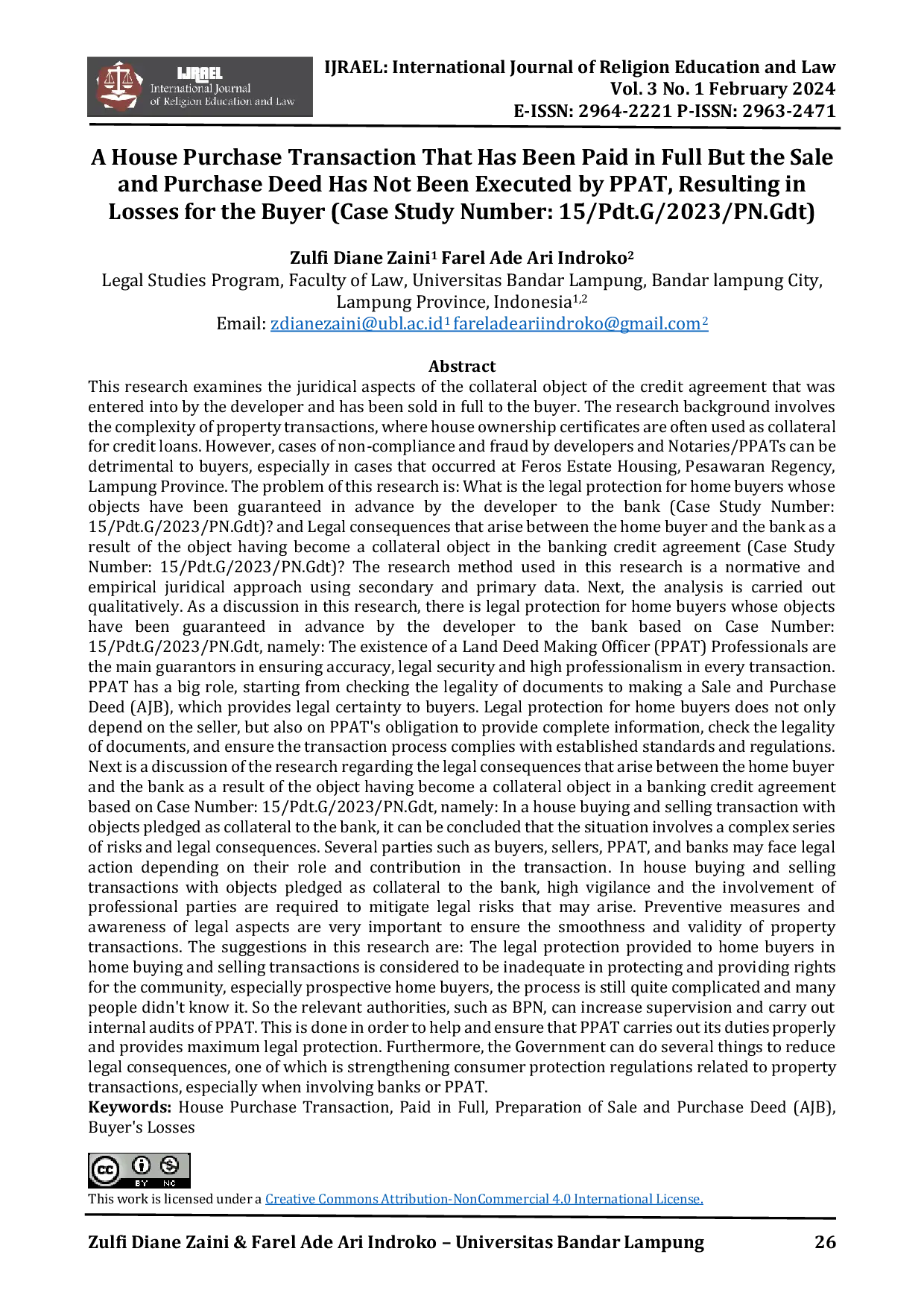 JURIS A house purchase transaction that has been paid in full but the sale and purchase deed has not been executed by PPAT resulting in losses for the buyer Case Study Number 15 Pdt G 2023 PN Gdt