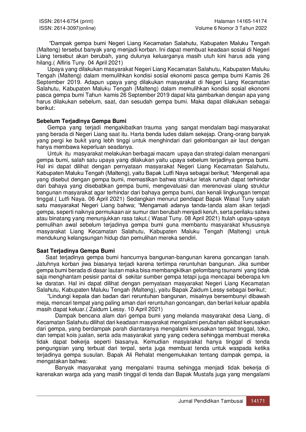 JURIS Dampak Gempa Bumi bagi Kehidupan Masyarakat Desa Liang Kecamatan Salahutu Kabupaten Maluku Tengah