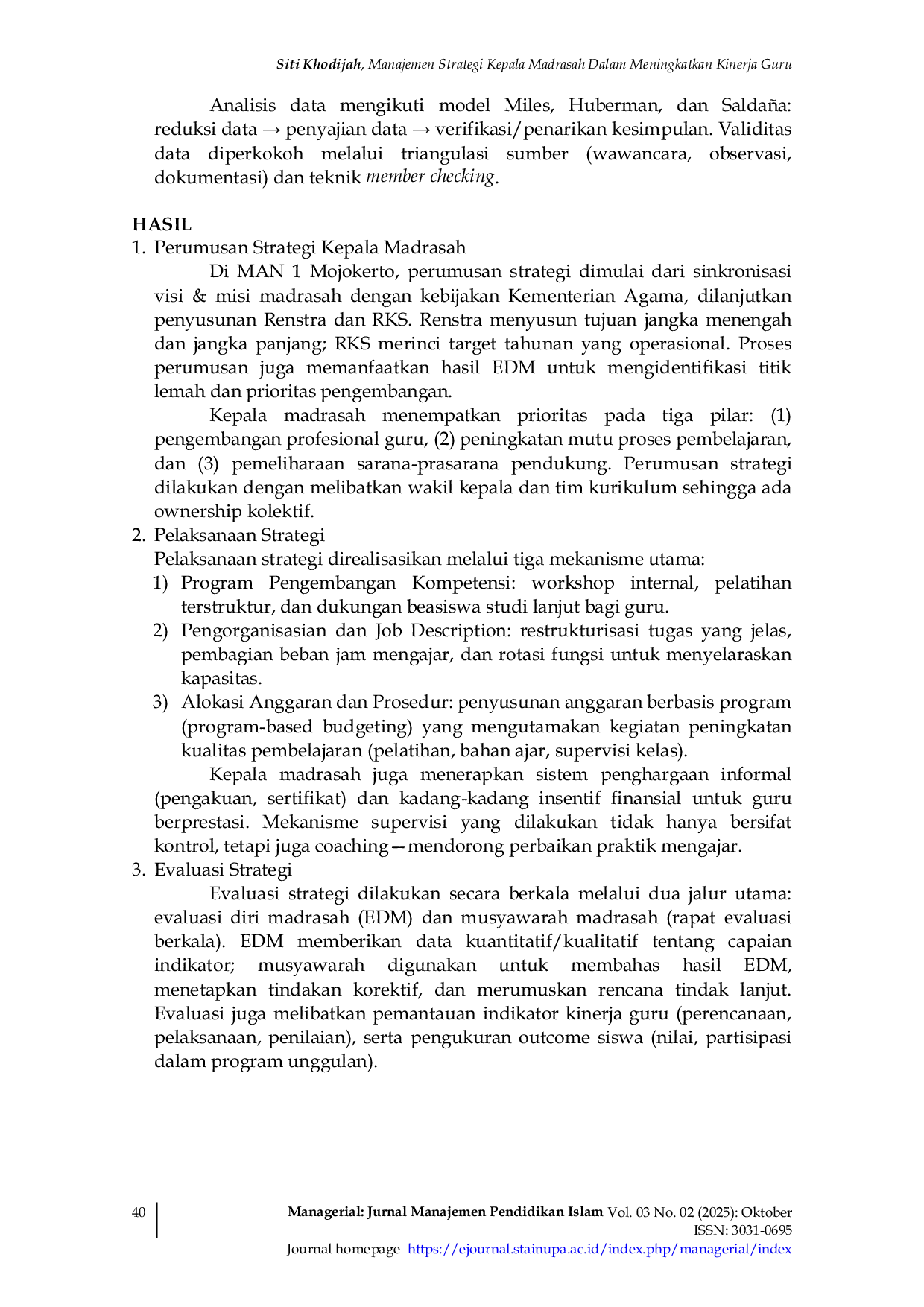 JURIS Manajemen Strategi Kepala Madrasah Dalam Meningkatkan Kinerja Guru