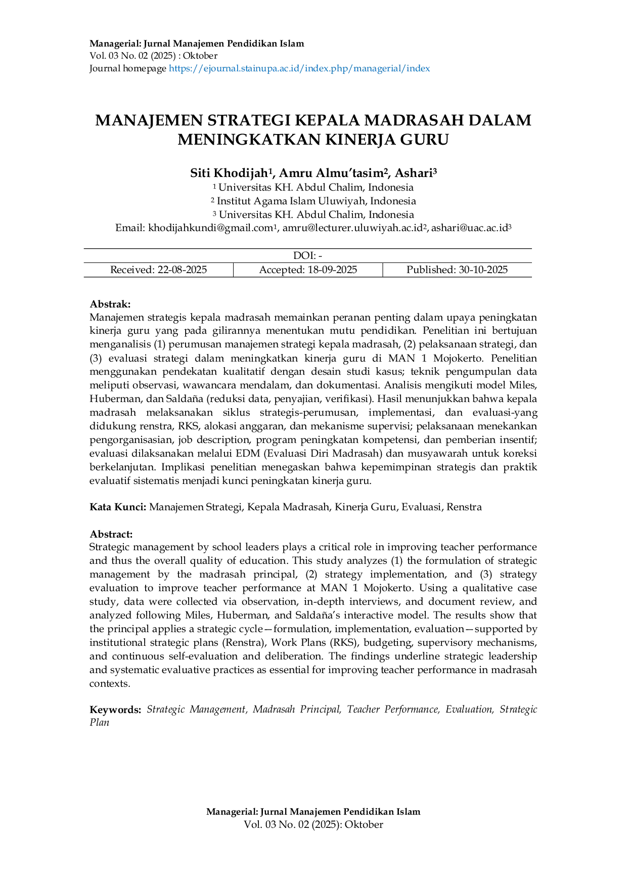 JURIS Manajemen Strategi Kepala Madrasah Dalam Meningkatkan Kinerja Guru