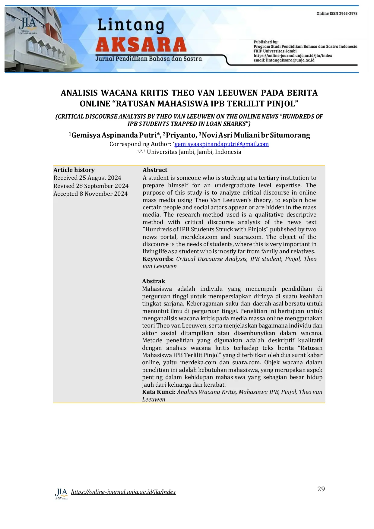 JURIS Analisis Wacana Kritis Theo Van Leeuwen Pada Berita Online Ratusan Mahasiswa Ip B Terlilit Pinjol