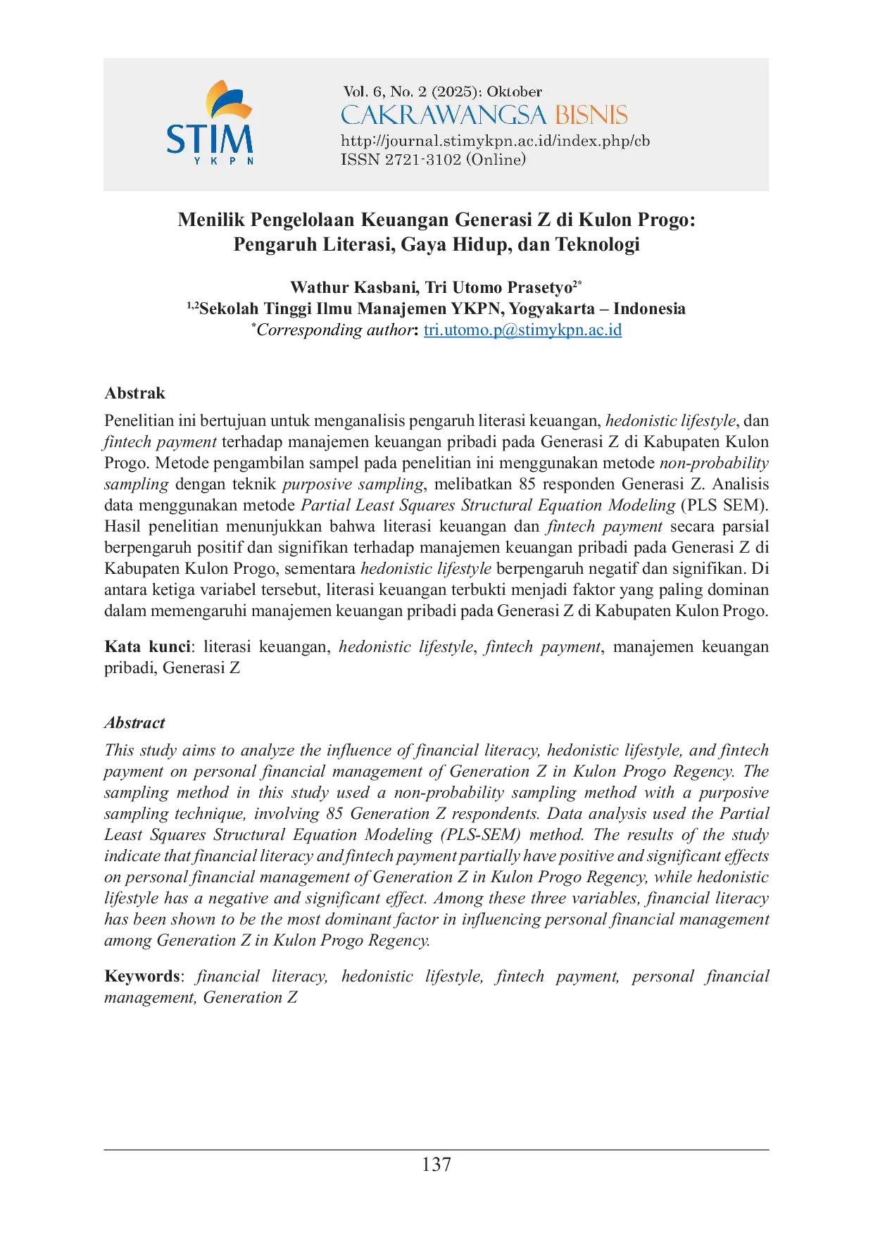 JURIS Menilik Pengelolaan Keuangan Generasi Z di Kulon Progo Pengaruh Literasi Gaya Hidup dan Teknologi