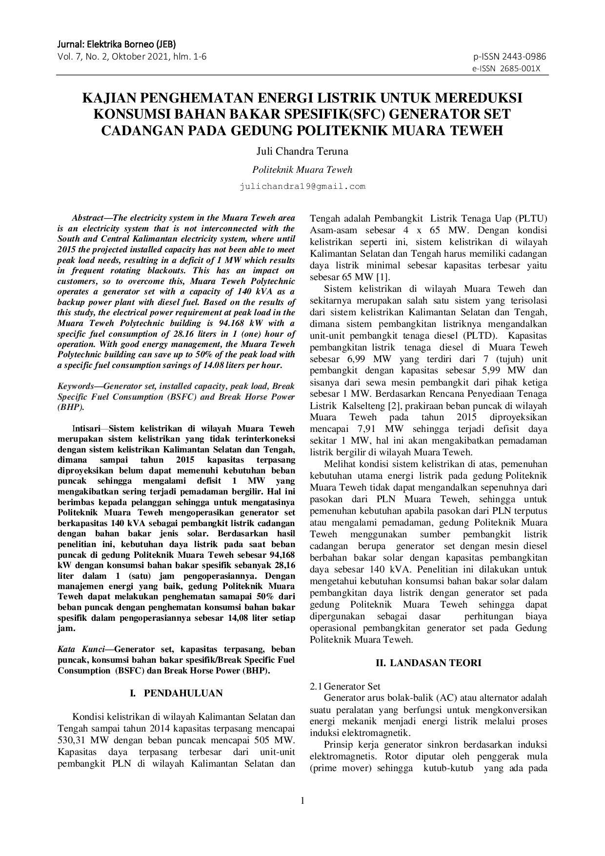 JURIS Kajian Penghematan Energi Listrik Untuk Mereduksi Konsumsi Bahan Bakar Spesifik SFC Generator Set Cadangan Pada Gedung Politeknik Muara Teweh