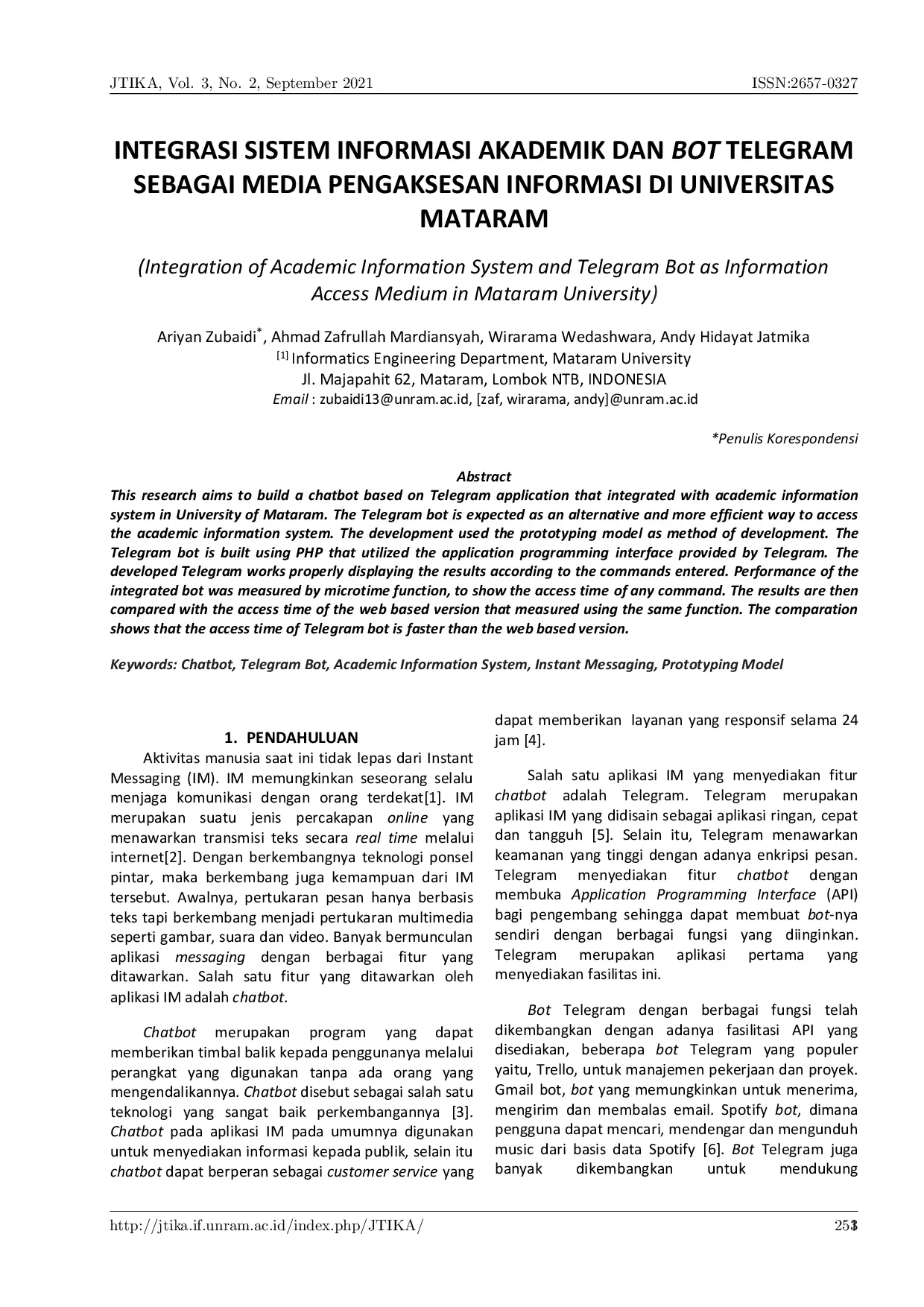 JURIS Integrasi Sistem Informasi Akademik dan BOT Telegram Sebagai Media Pengakesan Informasi di Universitas Mataram
