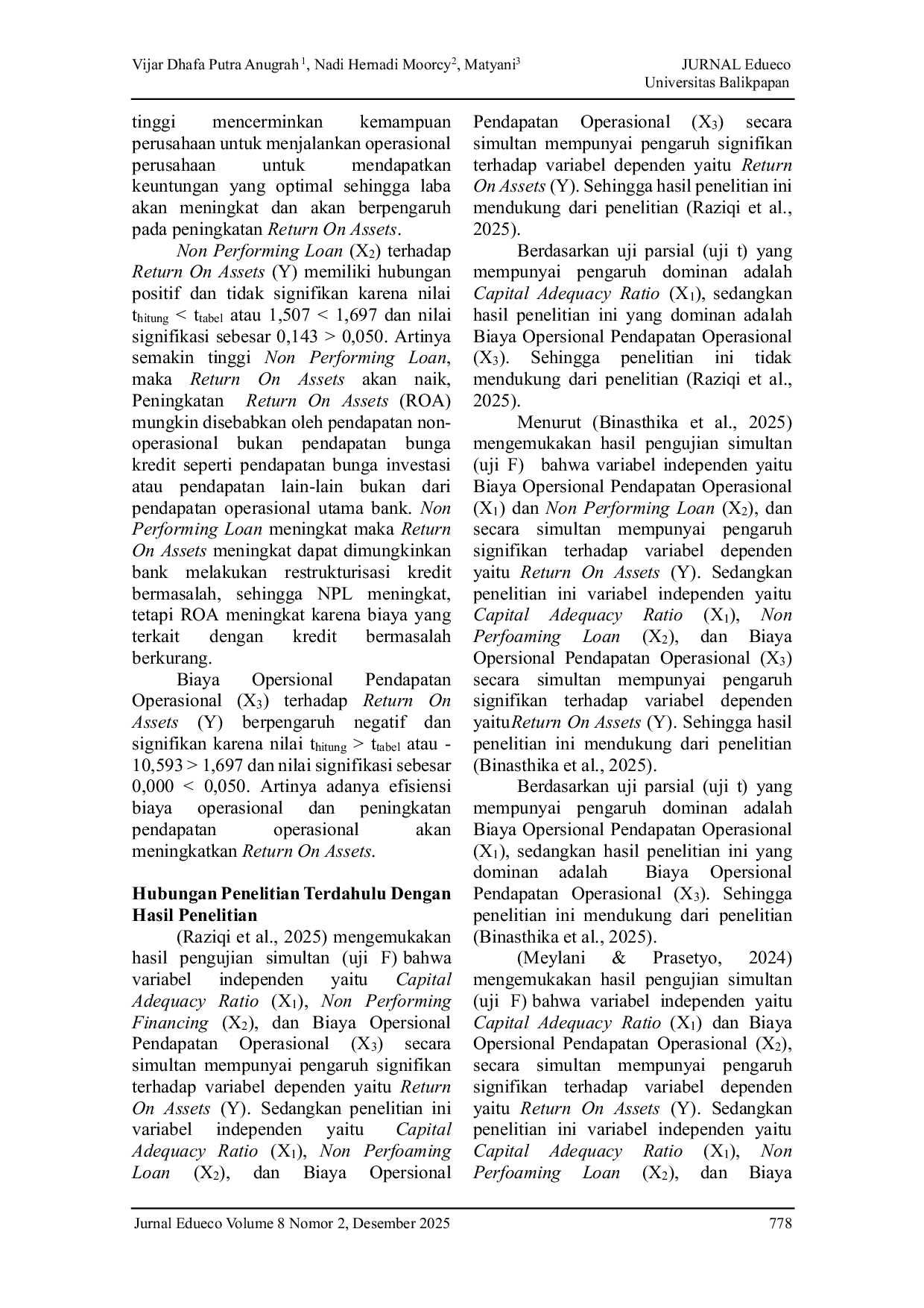JURIS Pengaruh Capital Adequacy Ratio Non Performing Loan Dan Biaya Operasional Pendapata Operasional Terhadap Return On Assets Perbankan BUMN