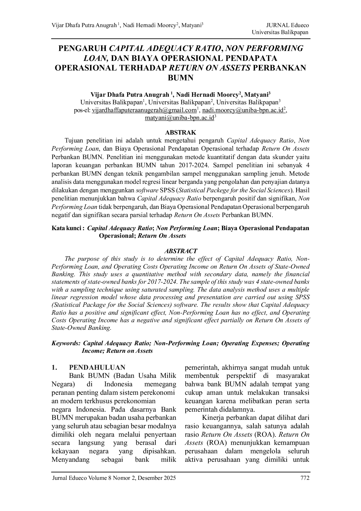 JURIS Pengaruh Capital Adequacy Ratio Non Performing Loan Dan Biaya Operasional Pendapata Operasional Terhadap Return On Assets Perbankan BUMN