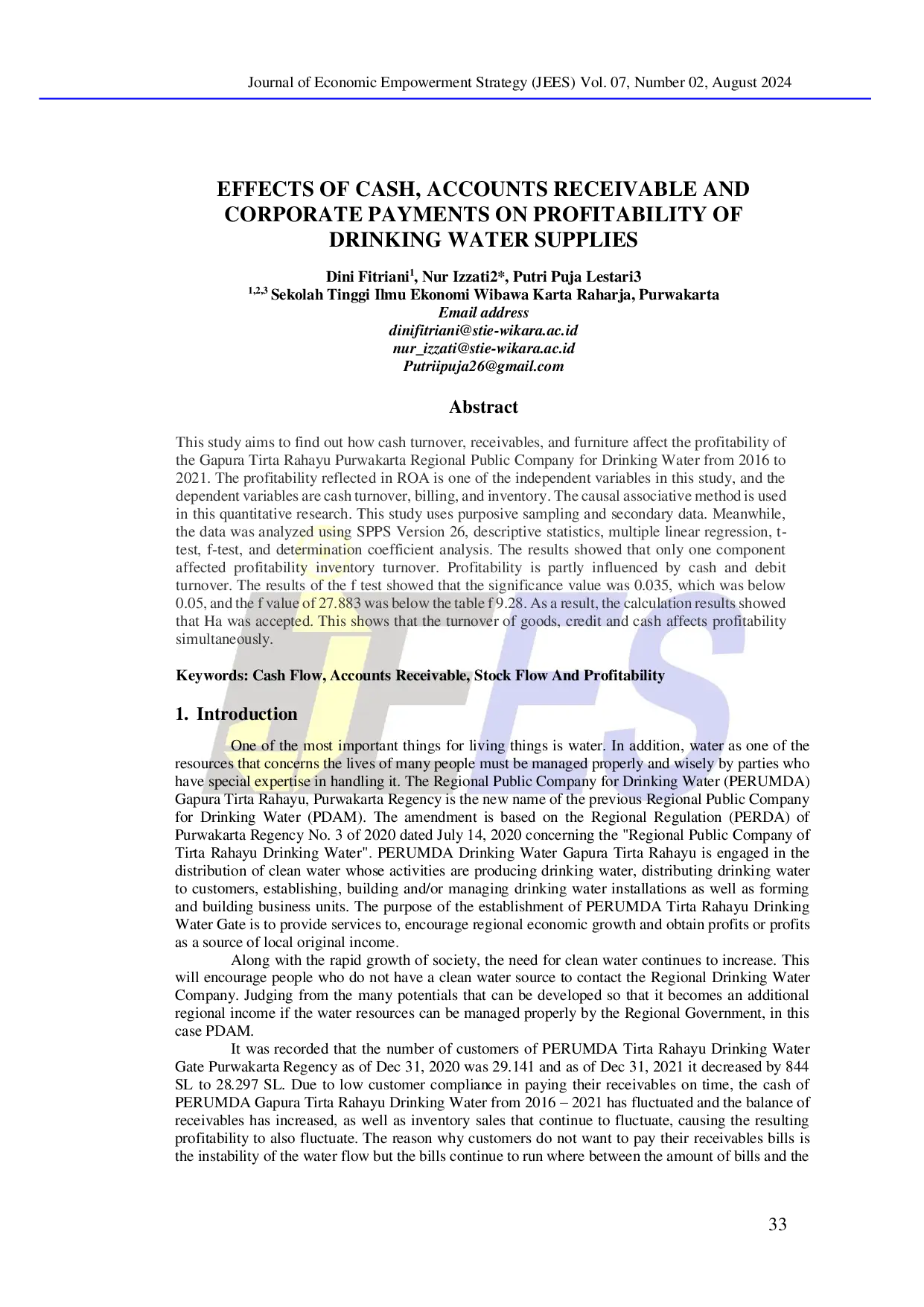 juris Effects of Cash Accounts Receivable and Corporate Payments on Profitability of Drinking Water Supplies