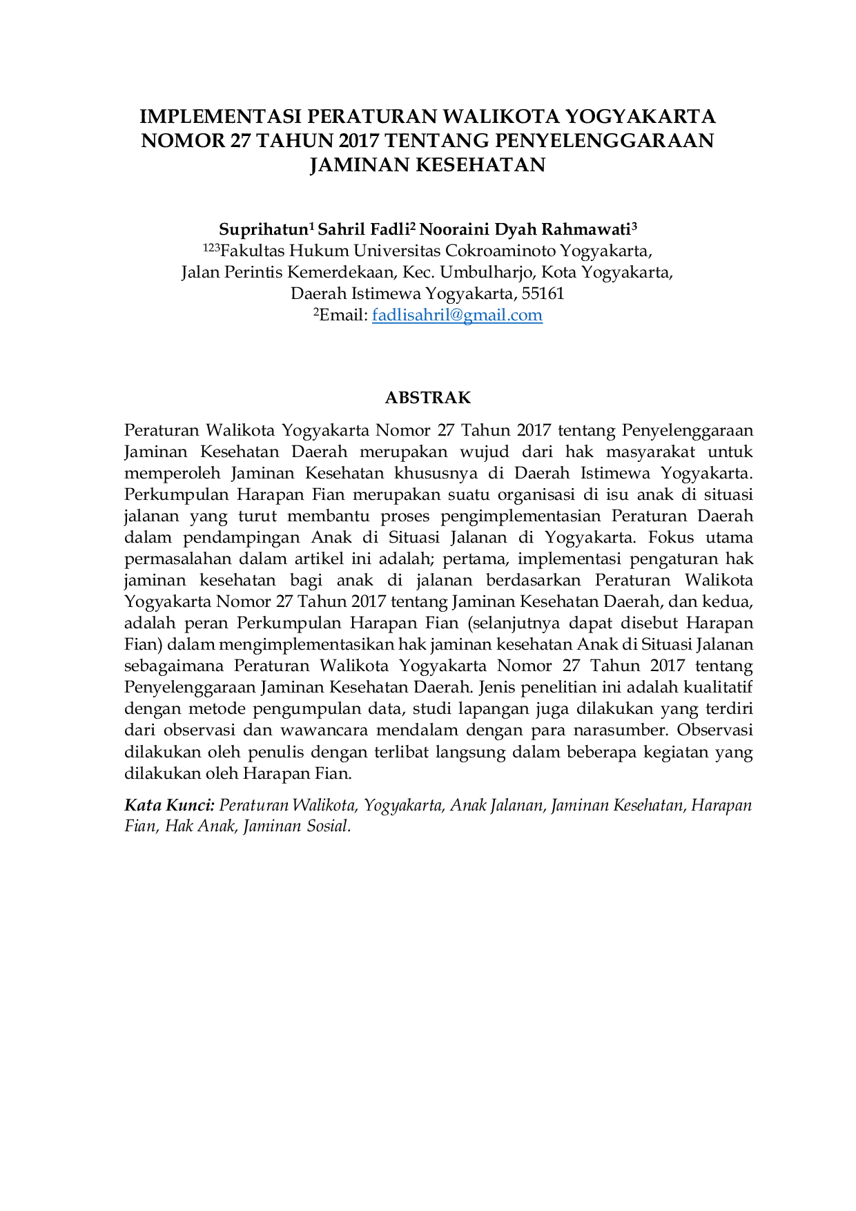 JURIS Implementasi Peraturan Walikota Yogyakarta Nomor 27 Tahun 2017 Tentang Penyelenggaraan Jaminan Kesehatan