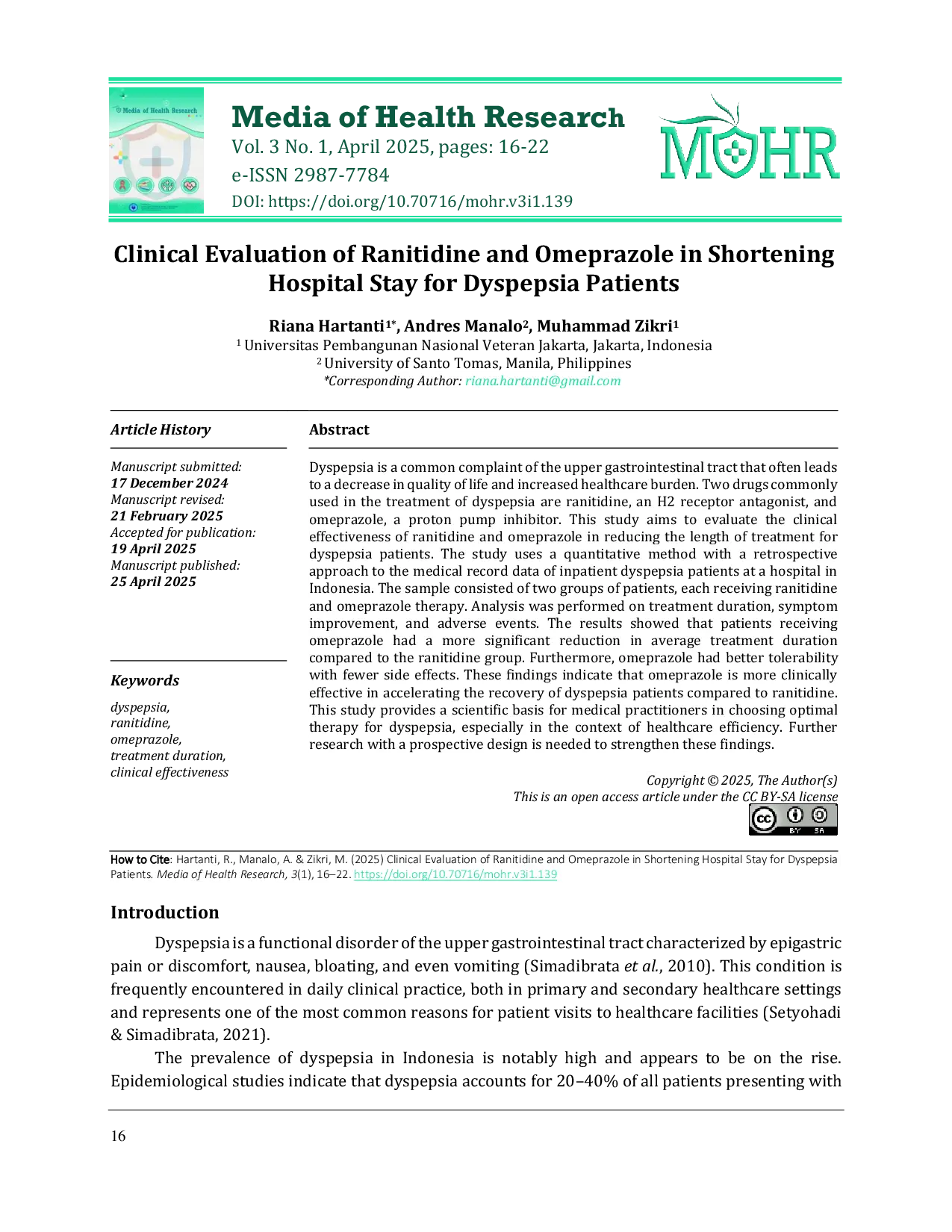 JURIS Clinical Evaluation of Ranitidine and Omeprazole in Shortening Hospital Stay for Dyspepsia Patients