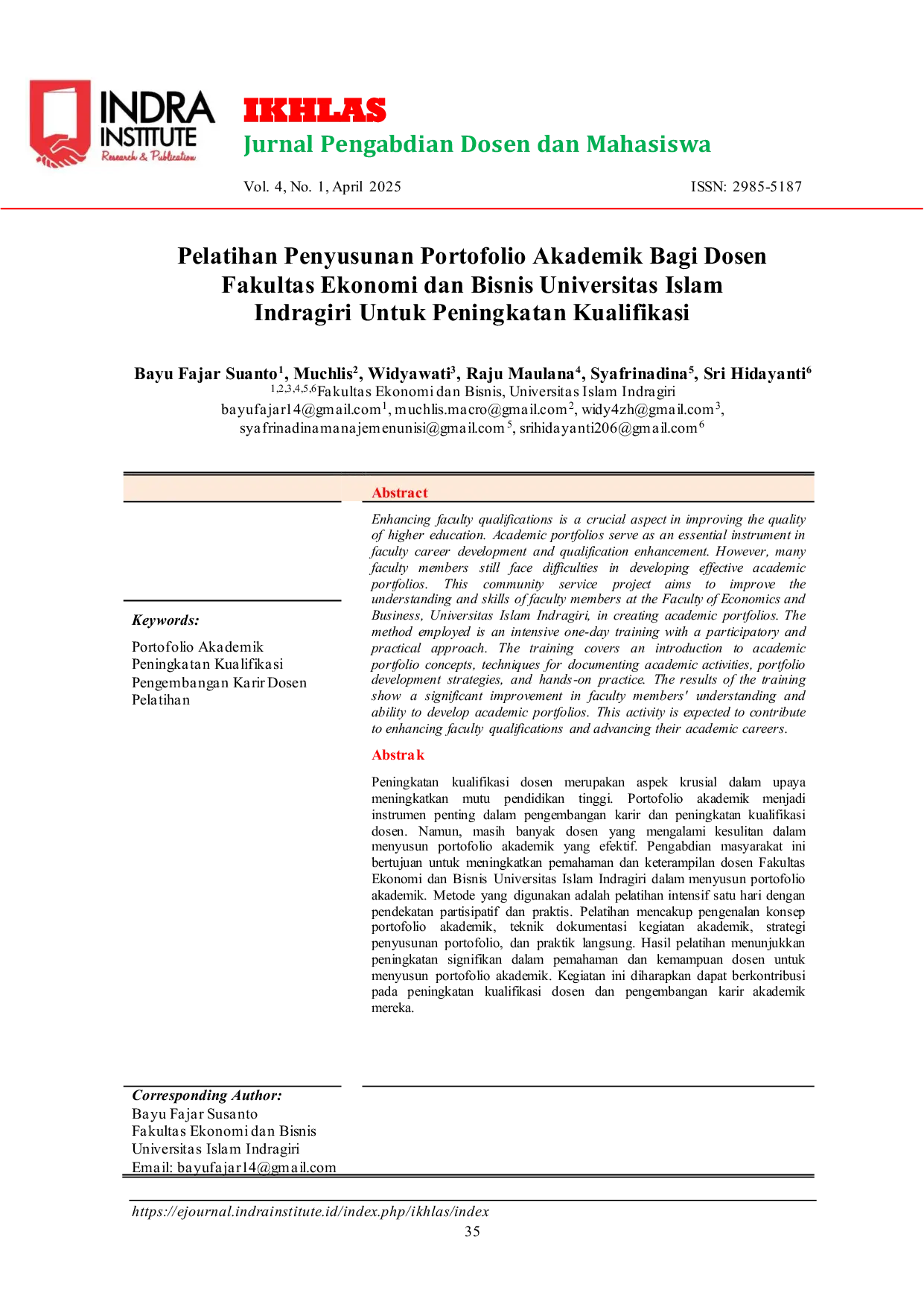 JURIS Pelatihan Penyusunan Portofolio Akademik Bagi Dosen Fakultas Ekonomi dan Bisnis Universitas Islam Indragiri Untuk Peningkatan Kualifikasi
