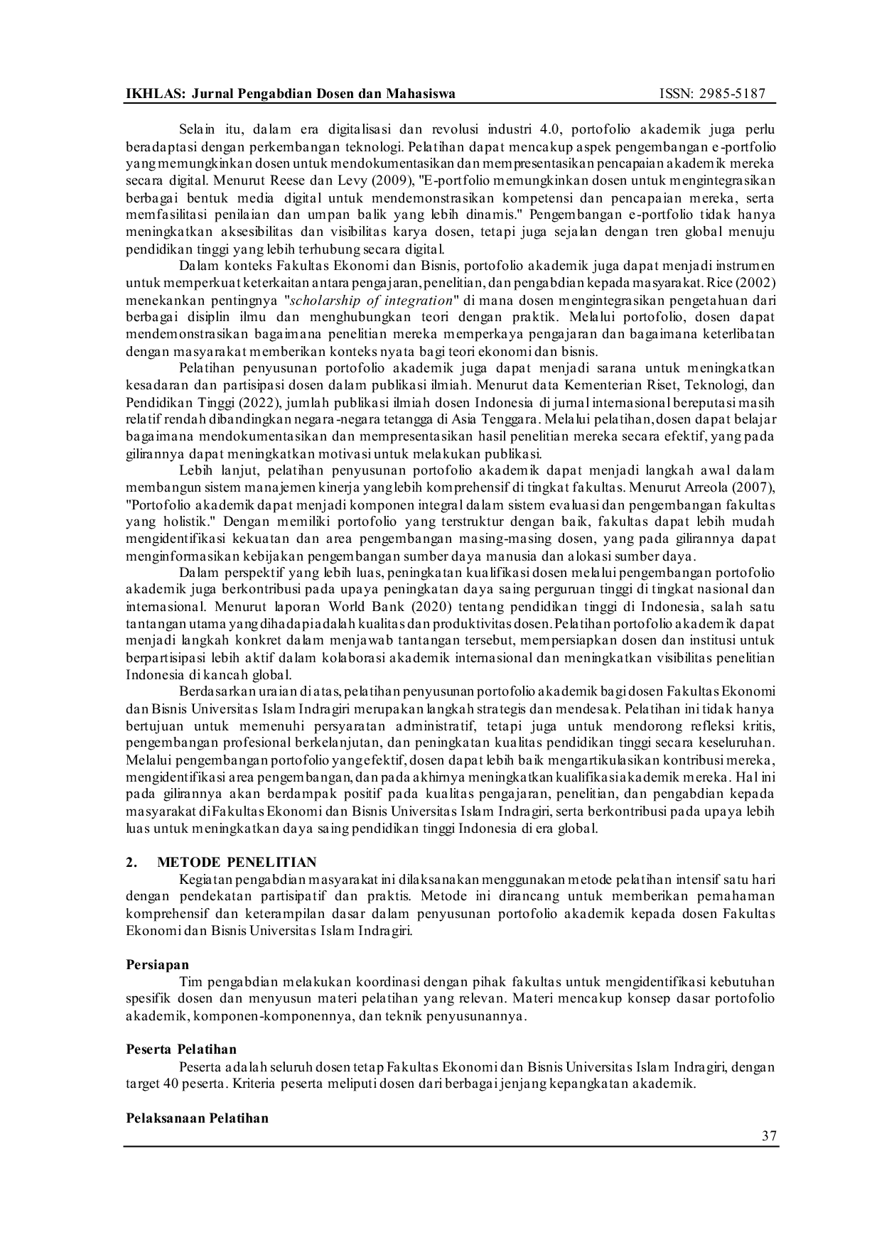 JURIS Pelatihan Penyusunan Portofolio Akademik Bagi Dosen Fakultas Ekonomi dan Bisnis Universitas Islam Indragiri Untuk Peningkatan Kualifikasi