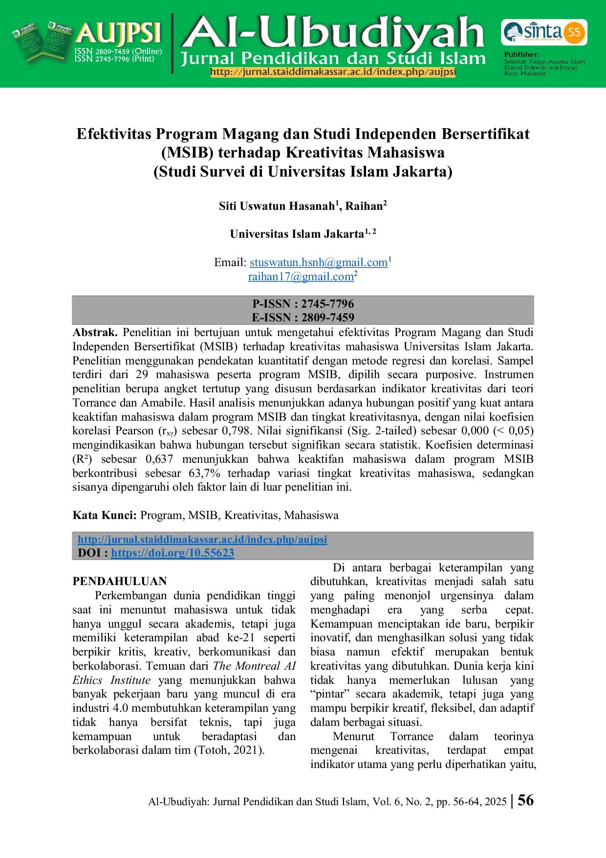 JURIS Efektivitas Program Magang dan Studi Independen Bersertifikat MSIB terhadap Kreativitas Mahasiswa Studi Survei di Universitas Islam Jakarta