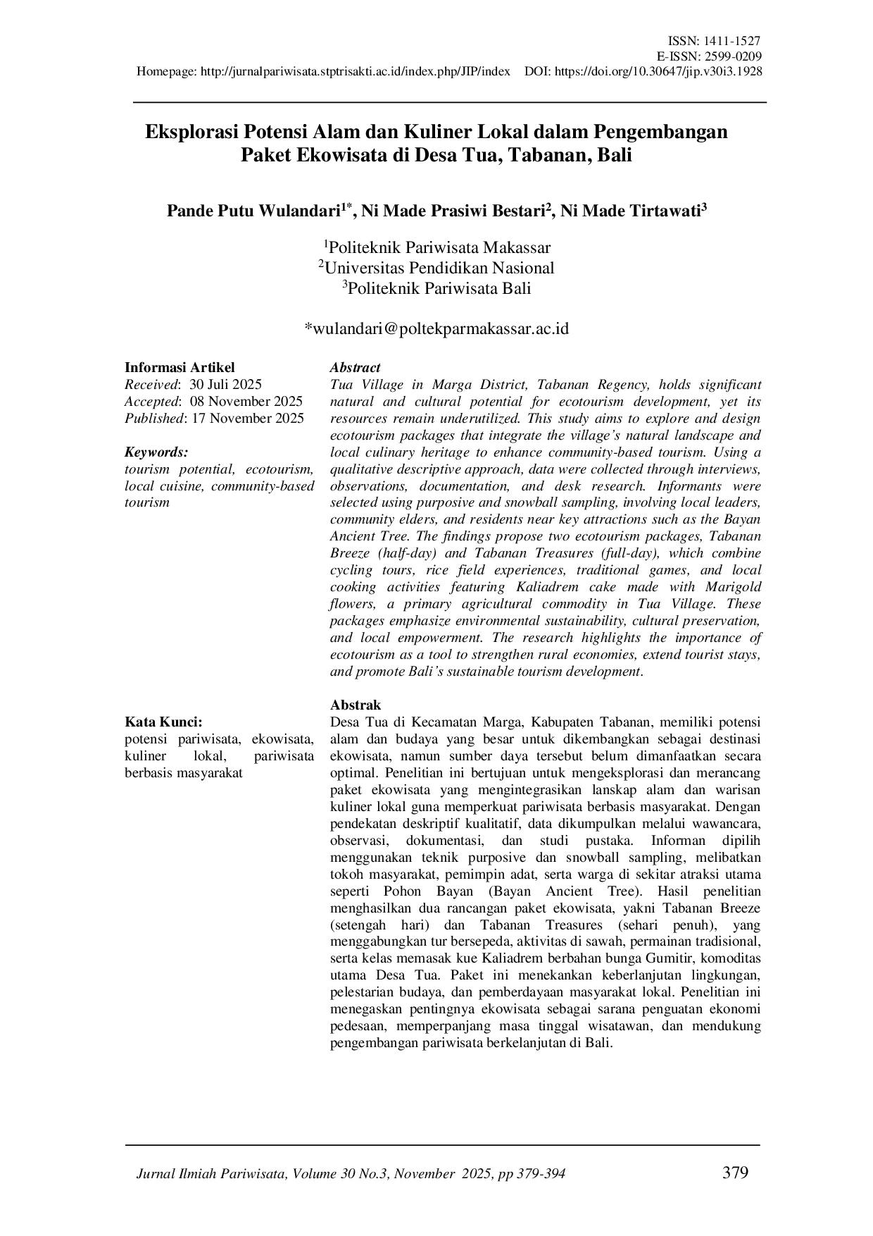 JURIS Eksplorasi Potensi Alam Dan Kuliner Lokal Dalam Pengembangan Paket Ekowisata Di Desa Tua Tabanan Bali