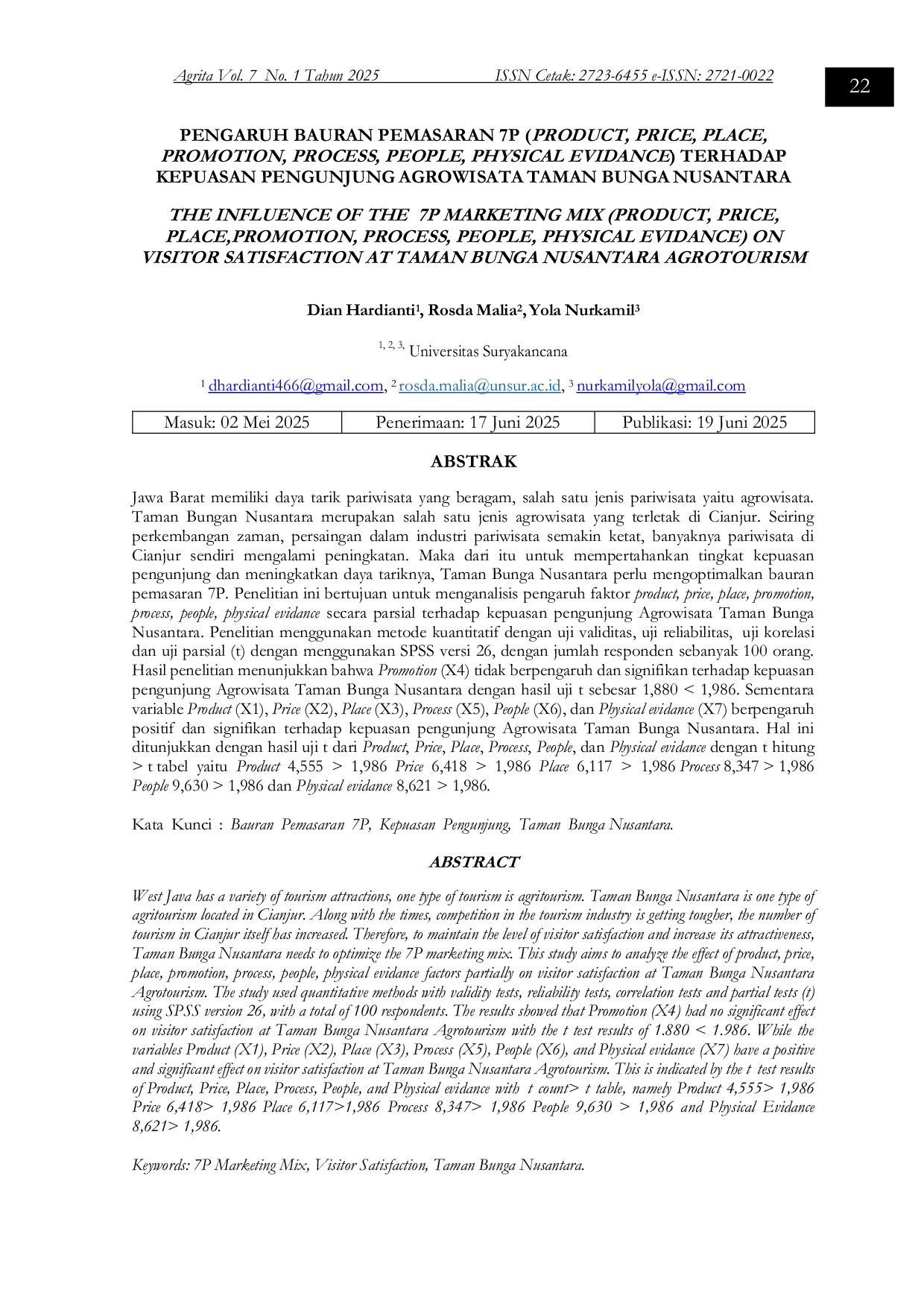 JURIS Pengaruh Bauran Pemasaran 7P Product Price Place Promotion Process People Physical Evidance Terhadap Kepuasan Pengunjung Agrowisata Taman Bunga Nusantara