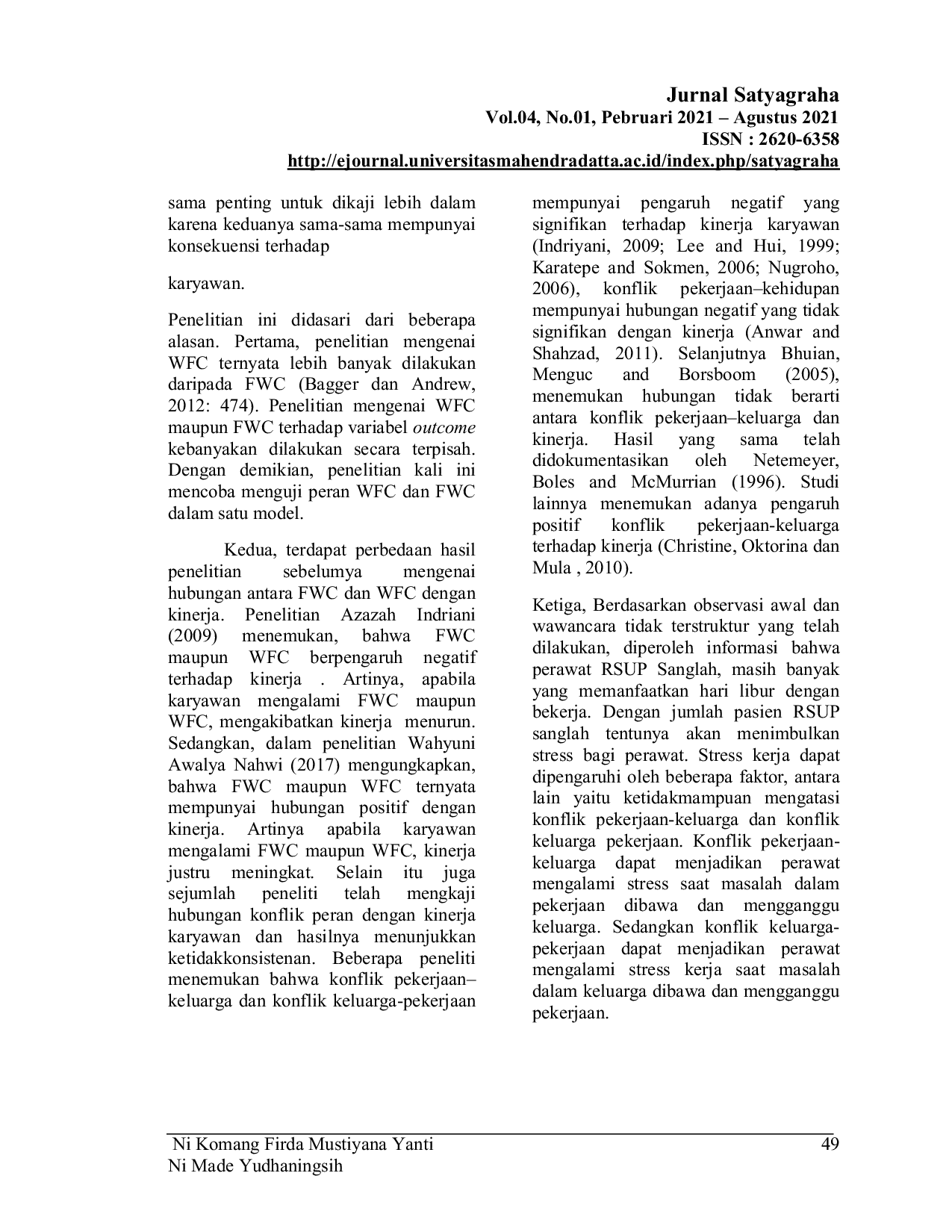 JURIS PENGARUH KONFLIK PERAN GANDA DAN STRESS KERJATERHADAP KINERJA PERAWAT Studi Kasus Pada Perawat RSUP Sanglah Denpasar