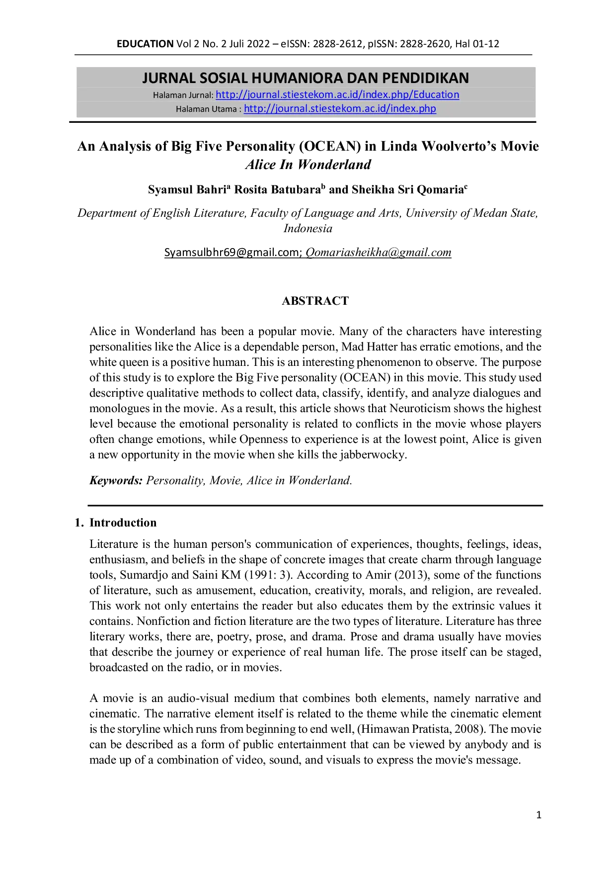 JURIS An Analysis of Big Five Personality OCEAN in Linda Woolverto s Movie Alice In Wonderland