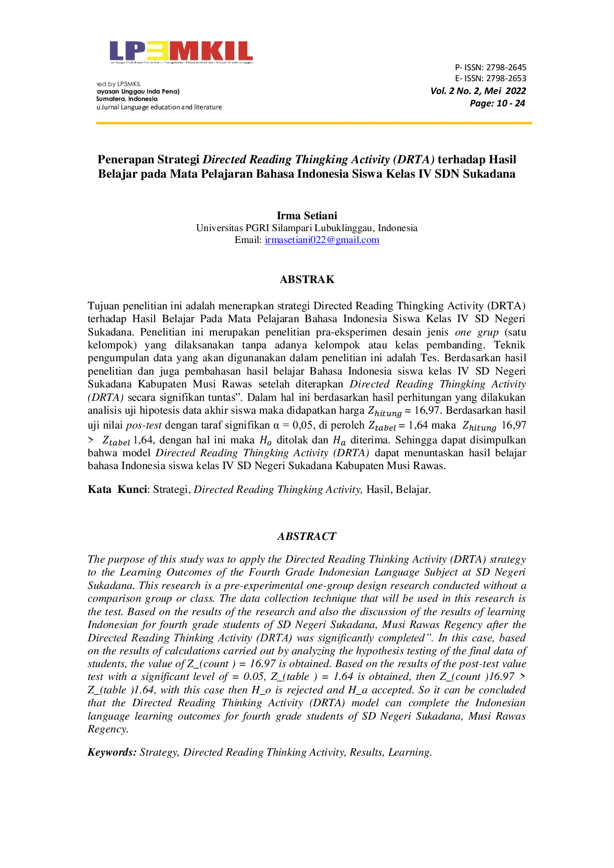 JURIS Penerapan Strategi Directed Reading Thingking Activity DRTA terhadap Hasil Belajar pada Mata Pelajaran Bahasa Indonesia Siswa Kelas IV SDN Sukadana