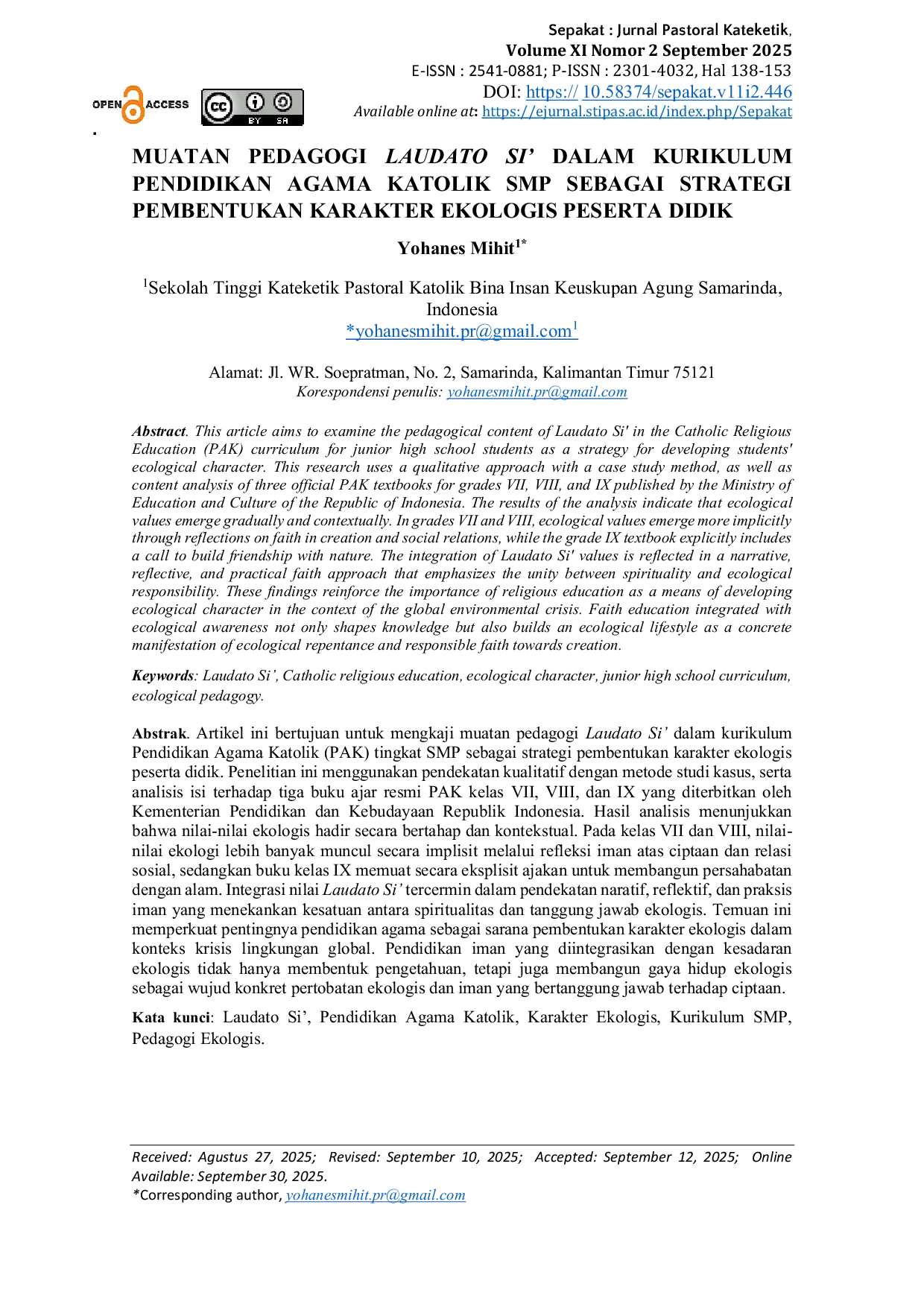 JURIS Muatan Pedagogi Laudato Si dalam Kurikulum Pendidikan Agama Katolik SMP sebagai Strategi Pembentukan Karakter Ekologis Peserta Didik