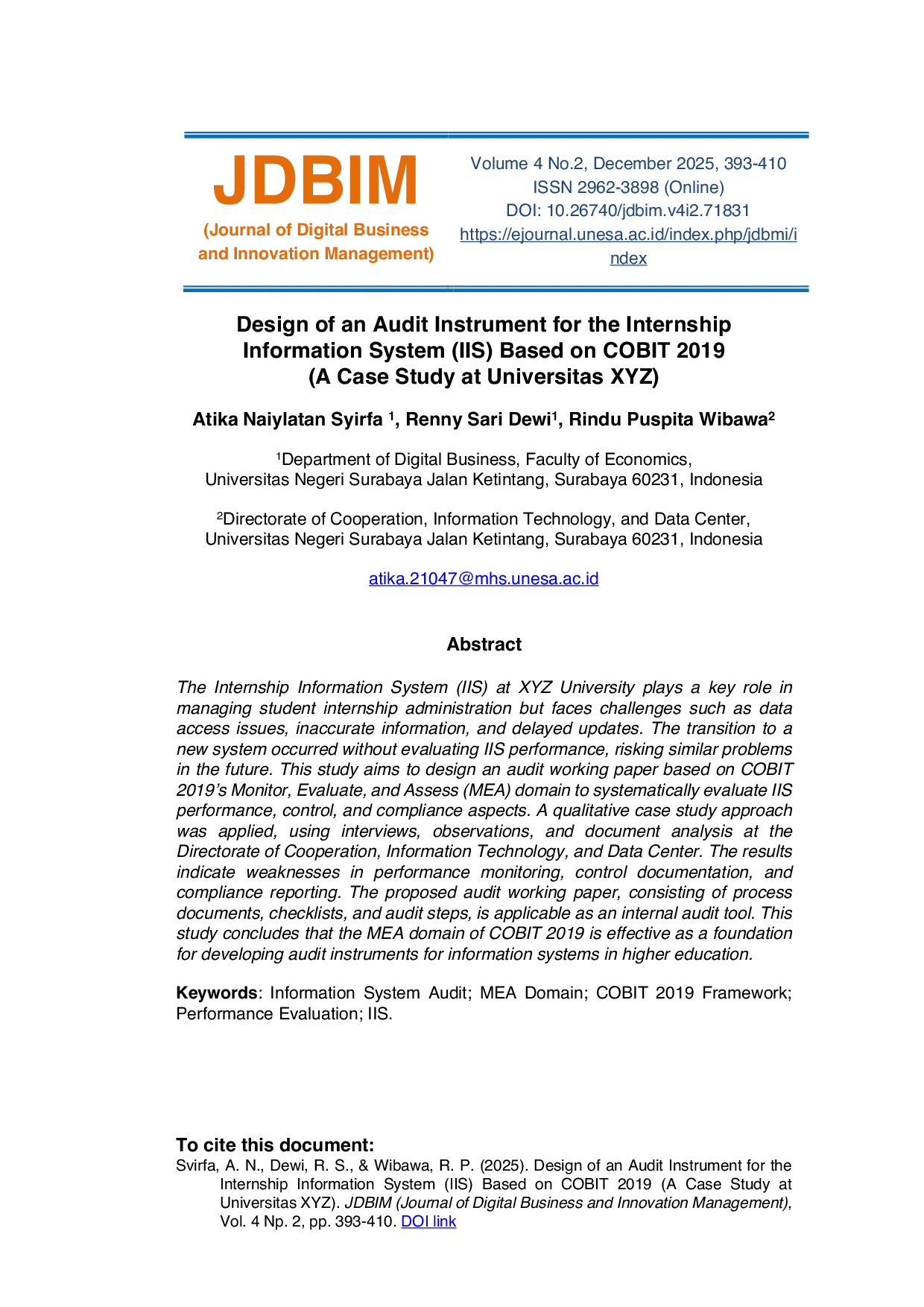 JURIS Design of an Audit Instrument for the Internship Information System IIS Based on COBIT 2019 A Case Study at Universitas XYZ