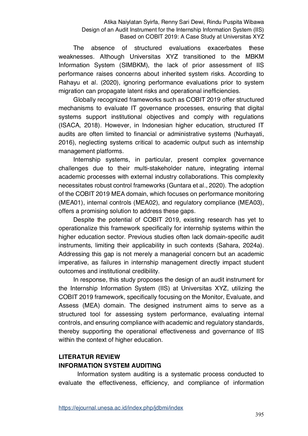 JURIS Design of an Audit Instrument for the Internship Information System IIS Based on COBIT 2019 A Case Study at Universitas XYZ