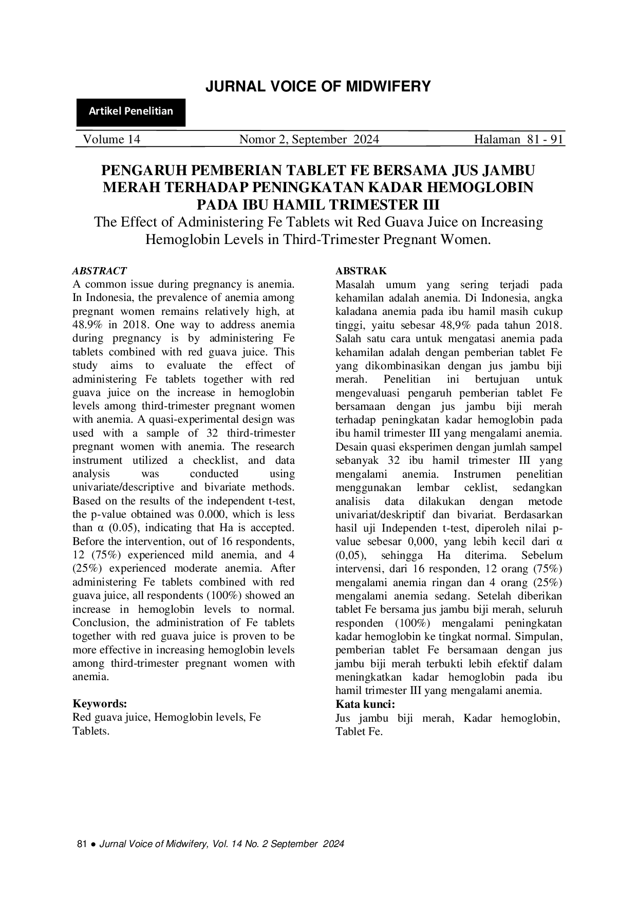 JURIS Pengaruh Pemberian Tablet Fe Bersama Jus Jambu Biji Merah Terhadap Peningkatan Kadar Hemoglobin pada Ibu Hamil Trimester III