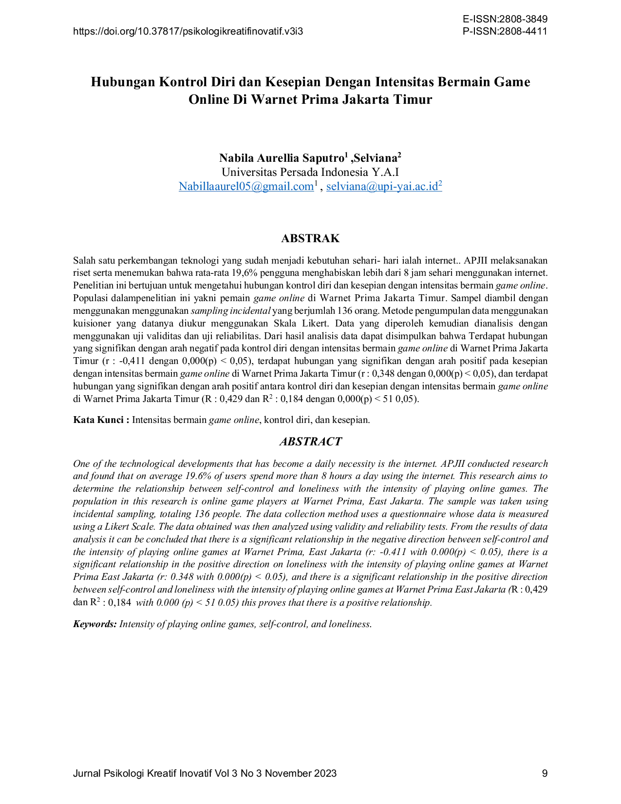 JURIS Hubungan Kontrol Diri dan Kesepian Dengan Intensitas Bermain Game Online Di Warnet Prima Jakarta Timur