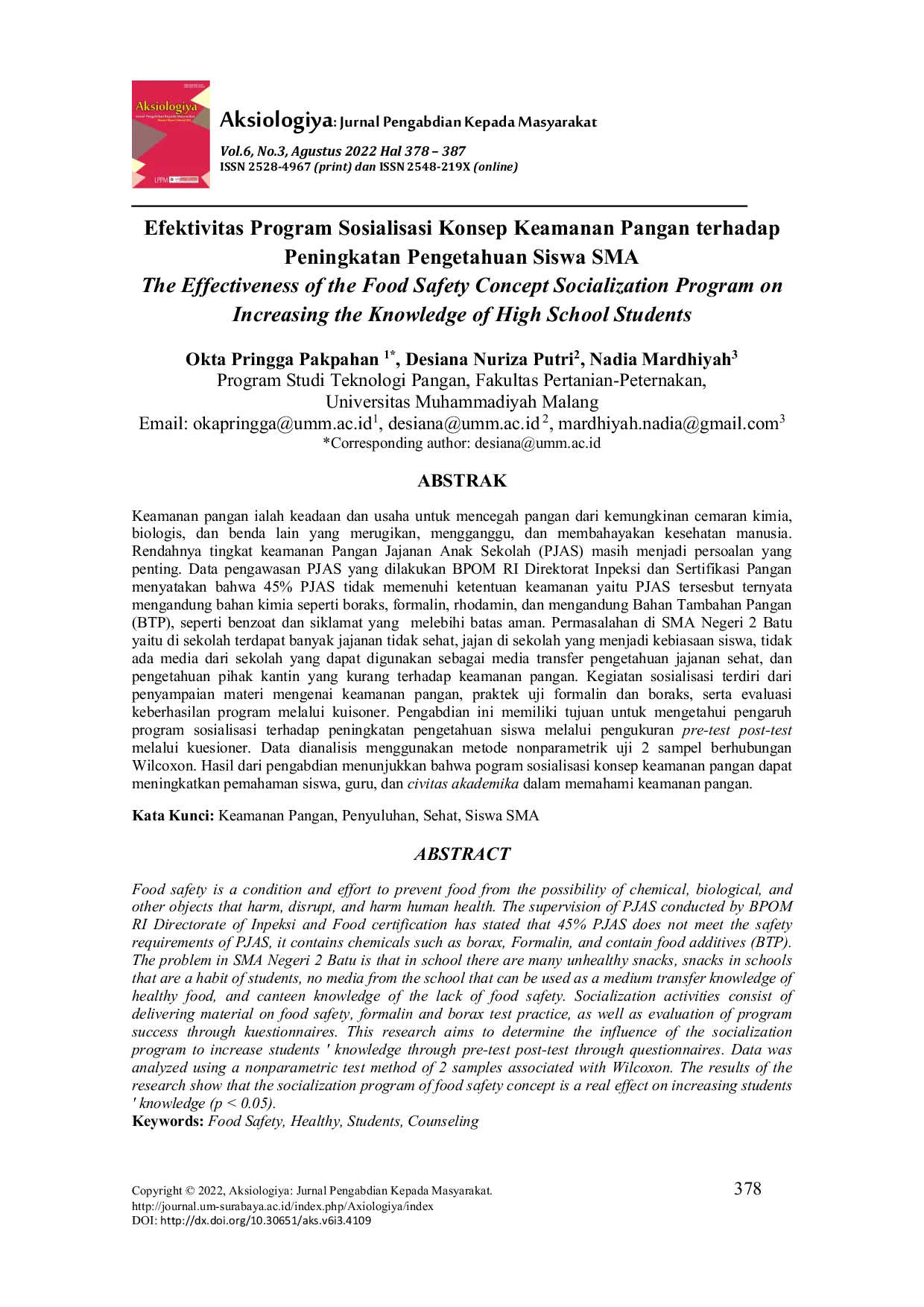 JURIS Efektivitas Program Sosialisasi Konsep Keamanan Pangan terhadap Peningkatan Pengetahuan Siswa SMA