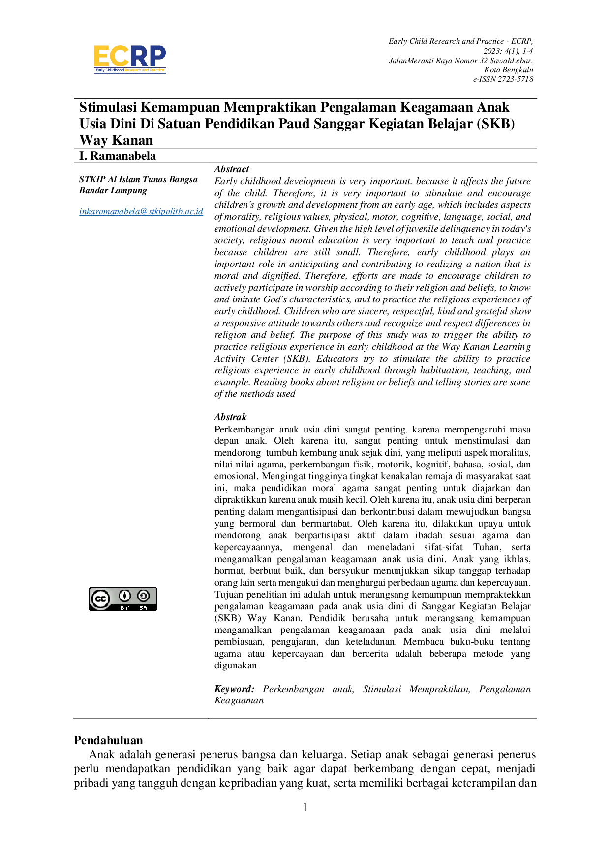JURIS Stimulasi Kemampuan Mempraktikan Pengalaman Keagaaman Anak Usia Dini Di Satuan Pendidikan Paud Sanggar Kegiatan Belajar SKB Way Kanan