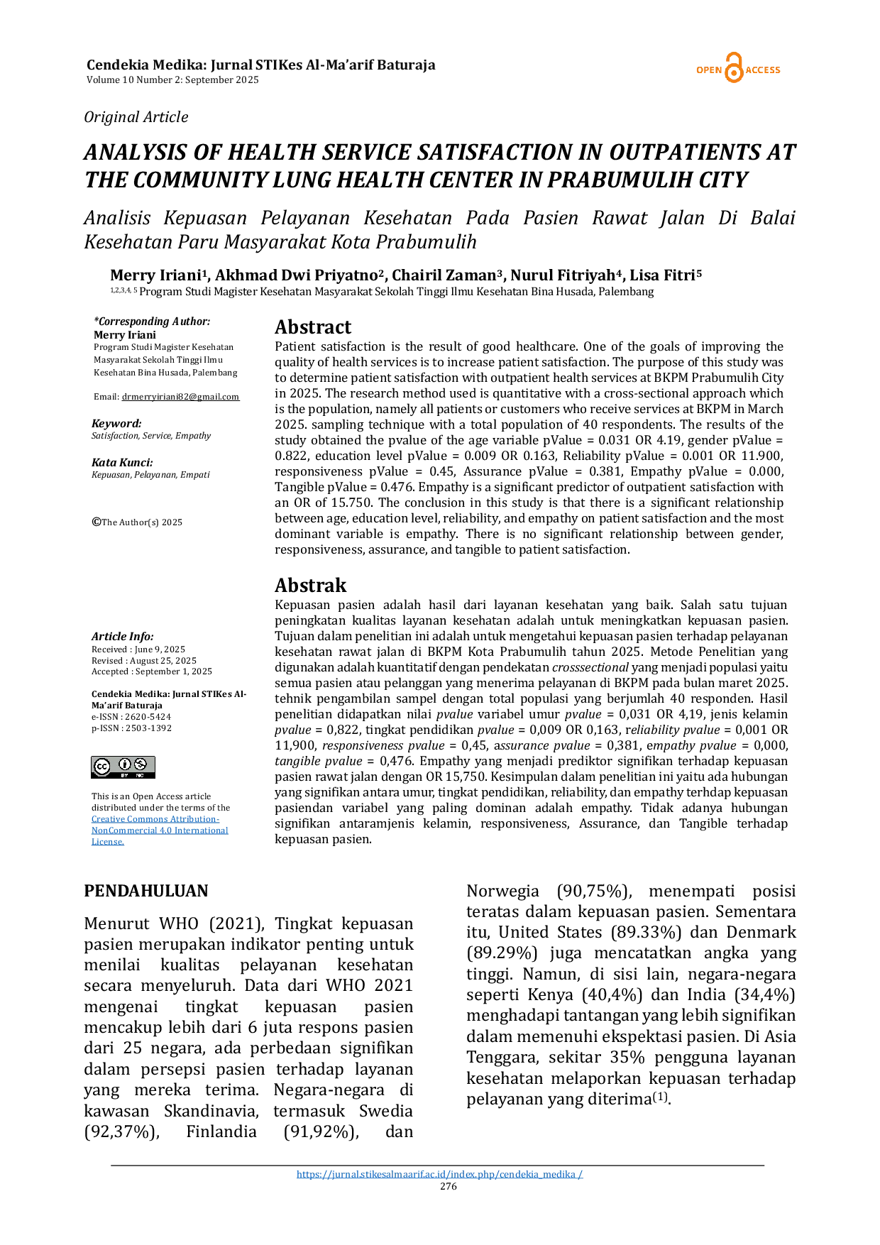 JURIS Analysis Of Health Service Satisfaction In Outpatients At The Community Lung Health Center In Prabumulih City