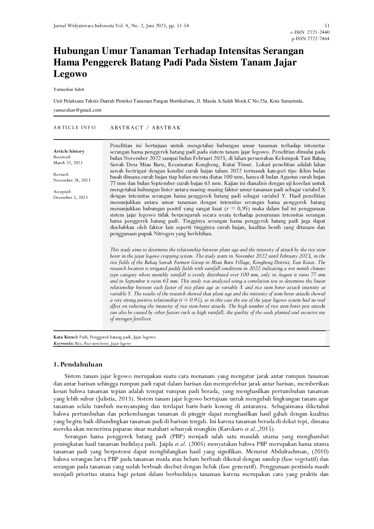 JURIS Hubungan Umur Tanaman Terhadap Intensitas Serangan Hama Penggerek Batang Padi Pada Sistem Tanam Jajar Legowo