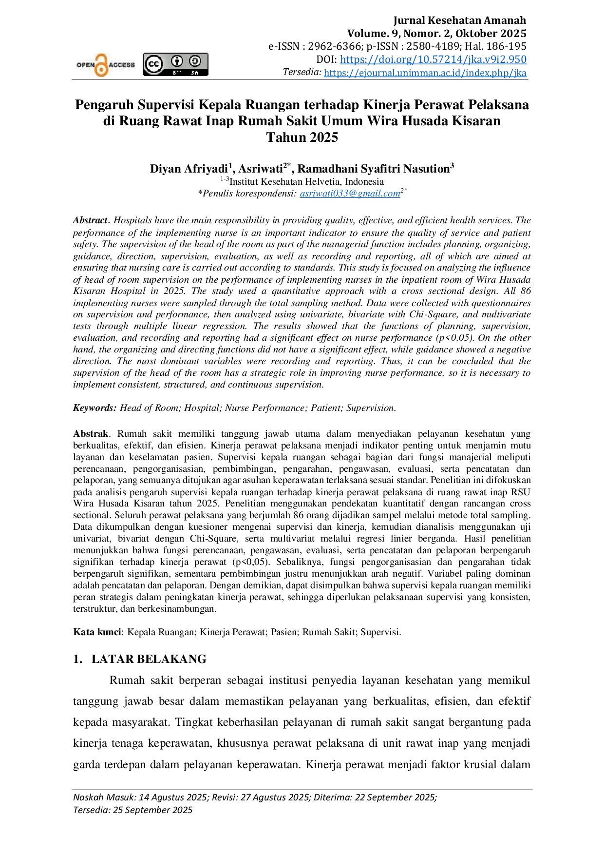JURIS Pengaruh Supervisi Kepala Ruangan terhadap Kinerja Perawat Pelaksana di Ruang Rawat Inap Rumah Sakit Umum Wira Husada Kisaran Tahun 2025