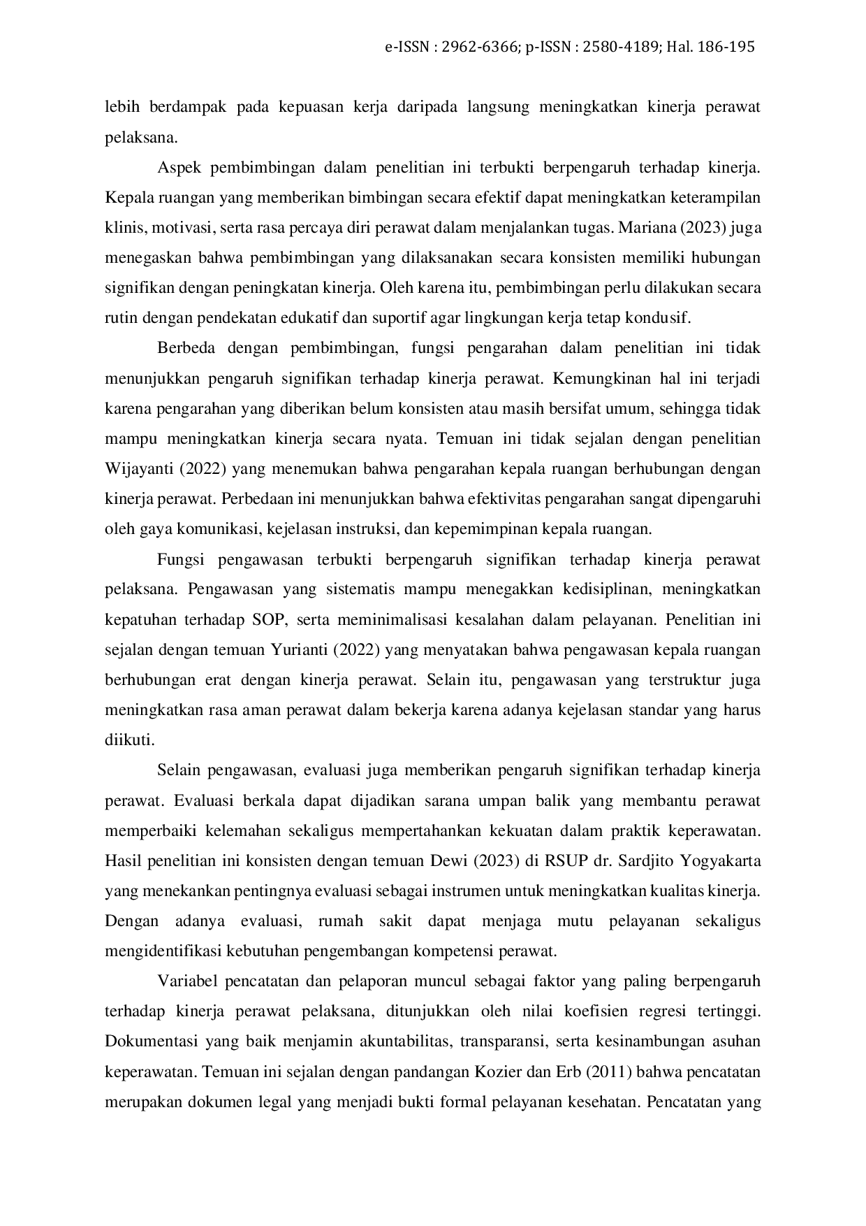 JURIS Pengaruh Supervisi Kepala Ruangan terhadap Kinerja Perawat Pelaksana di Ruang Rawat Inap Rumah Sakit Umum Wira Husada Kisaran Tahun 2025