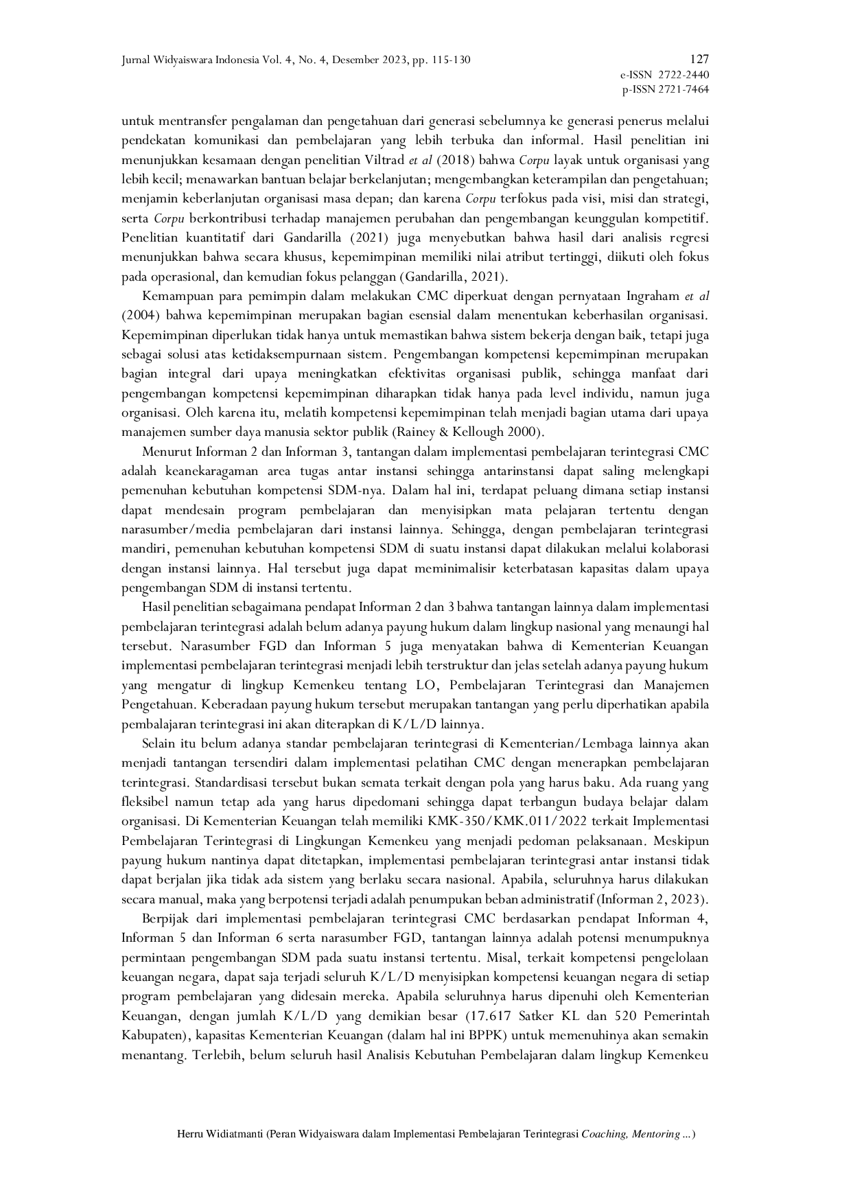 JURIS Peran Widyaiswara dalam Implementasi Pembelajaran Terintegrasi Coaching Mentoring dan Counseling di Kementerian Keuangan Republik Indonesia