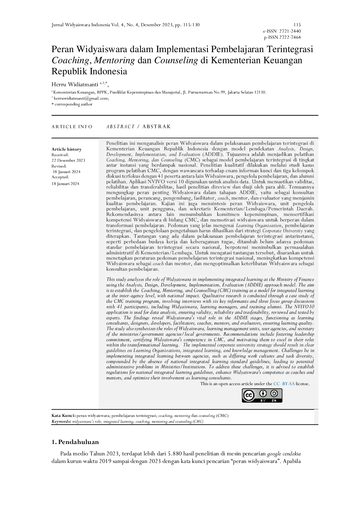 JURIS Peran Widyaiswara dalam Implementasi Pembelajaran Terintegrasi Coaching Mentoring dan Counseling di Kementerian Keuangan Republik Indonesia