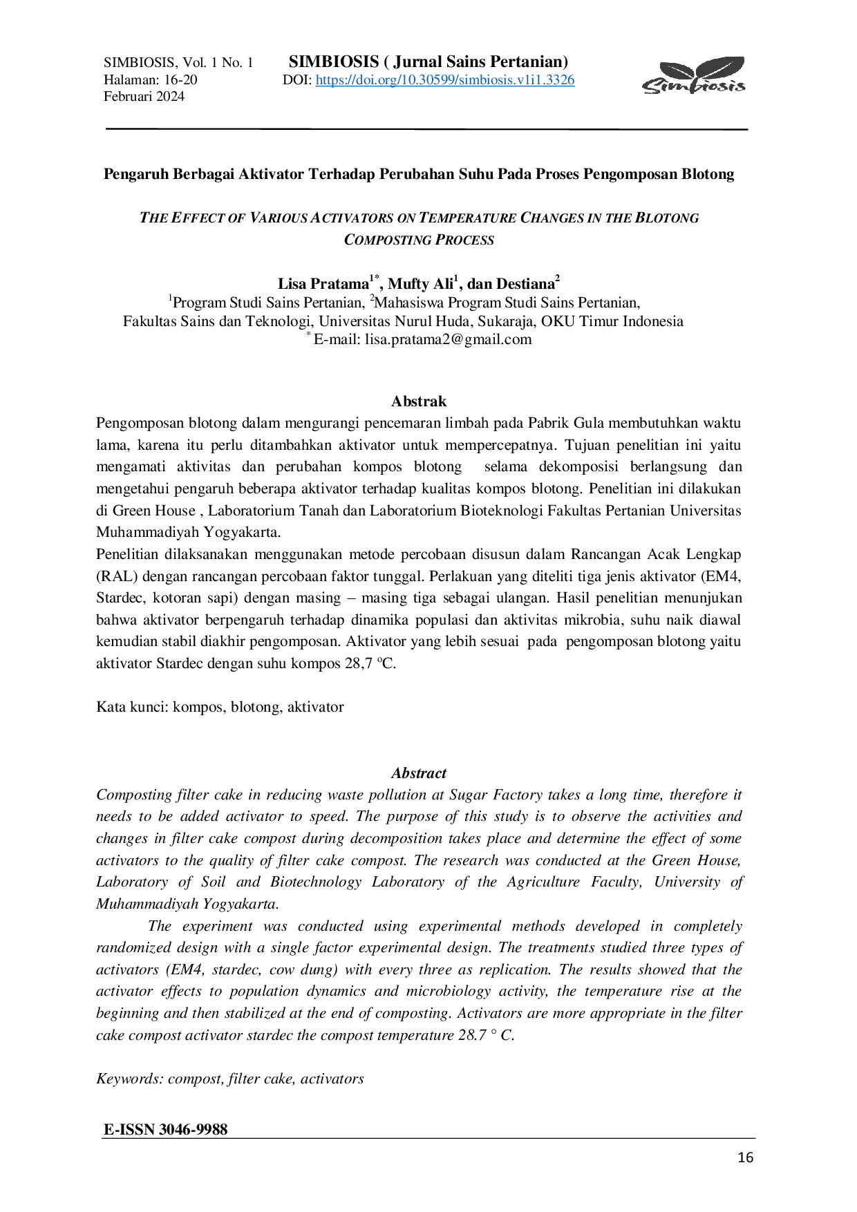 JURIS Pengaruh Berbagai Aktivator Terhadap Perubahan Suhu Pada Proses Pengomposan Blotong