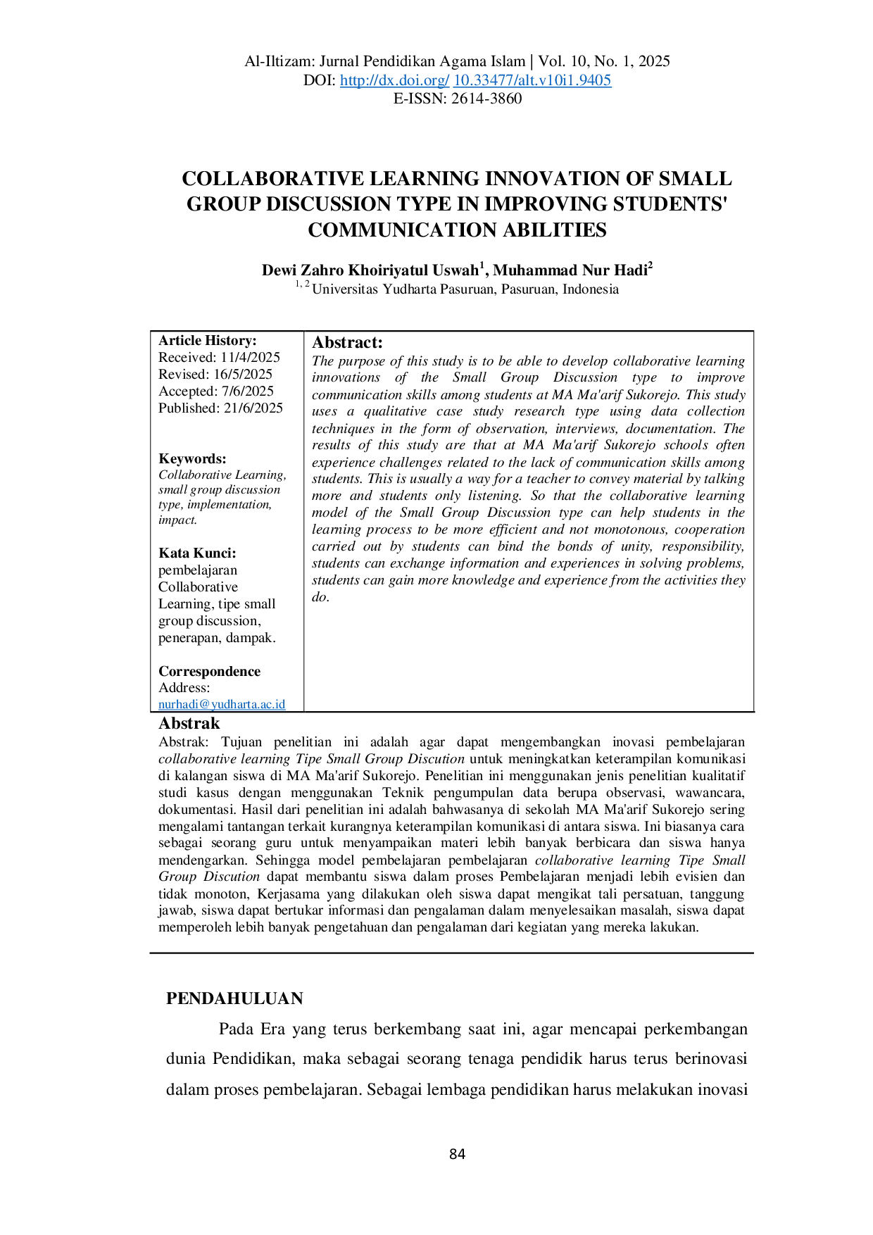 JURIS COLLABORATIVE LEARNING INNOVATION OF SMALL GROUP DISCUSSION TYPE IN IMPROVING STUDENTS COMMUNICATION SKILLS AT MA MA ARIF SUKOREJO Collaborative Learning small group discussion type implementation