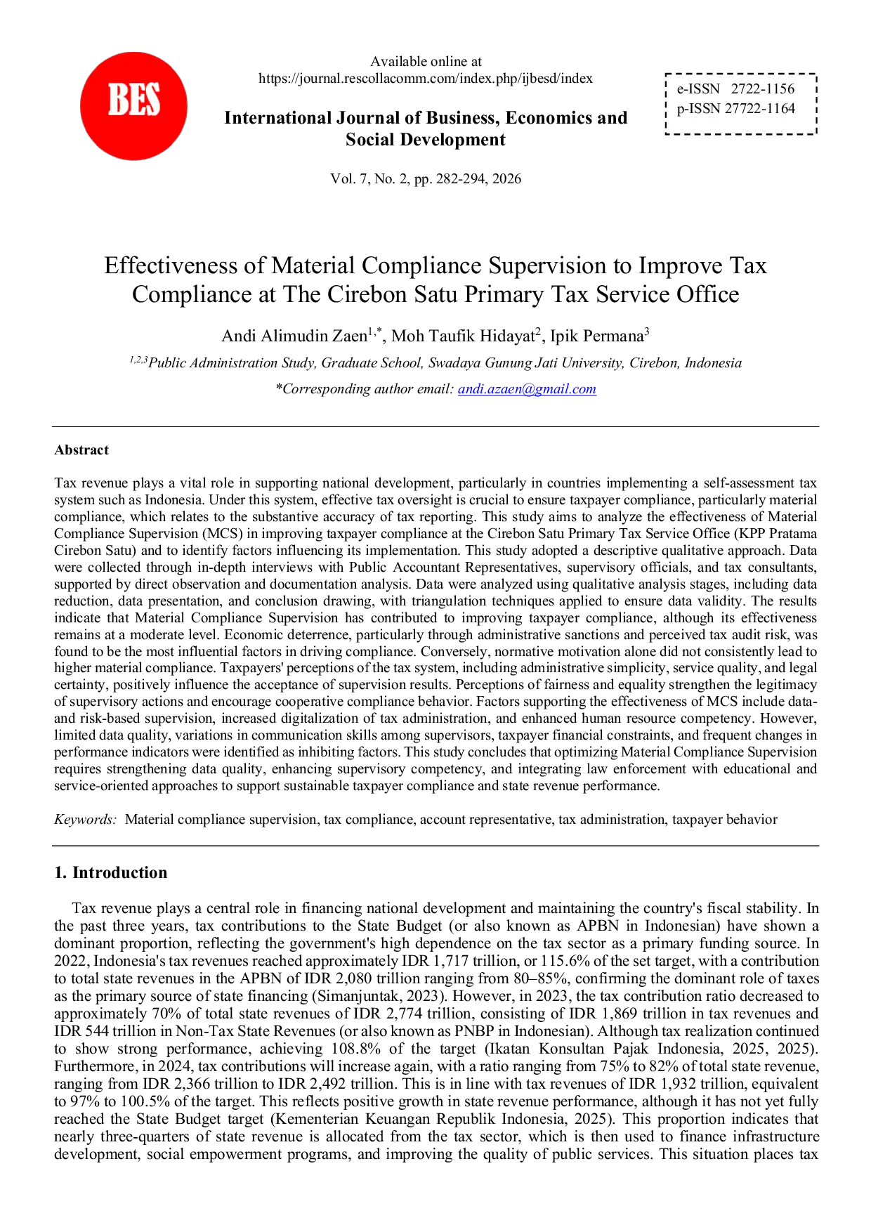 JURIS Effectiveness of Material Compliance Supervision to Improve Tax Compliance at The Cirebon Satu Primary Tax Service Office
