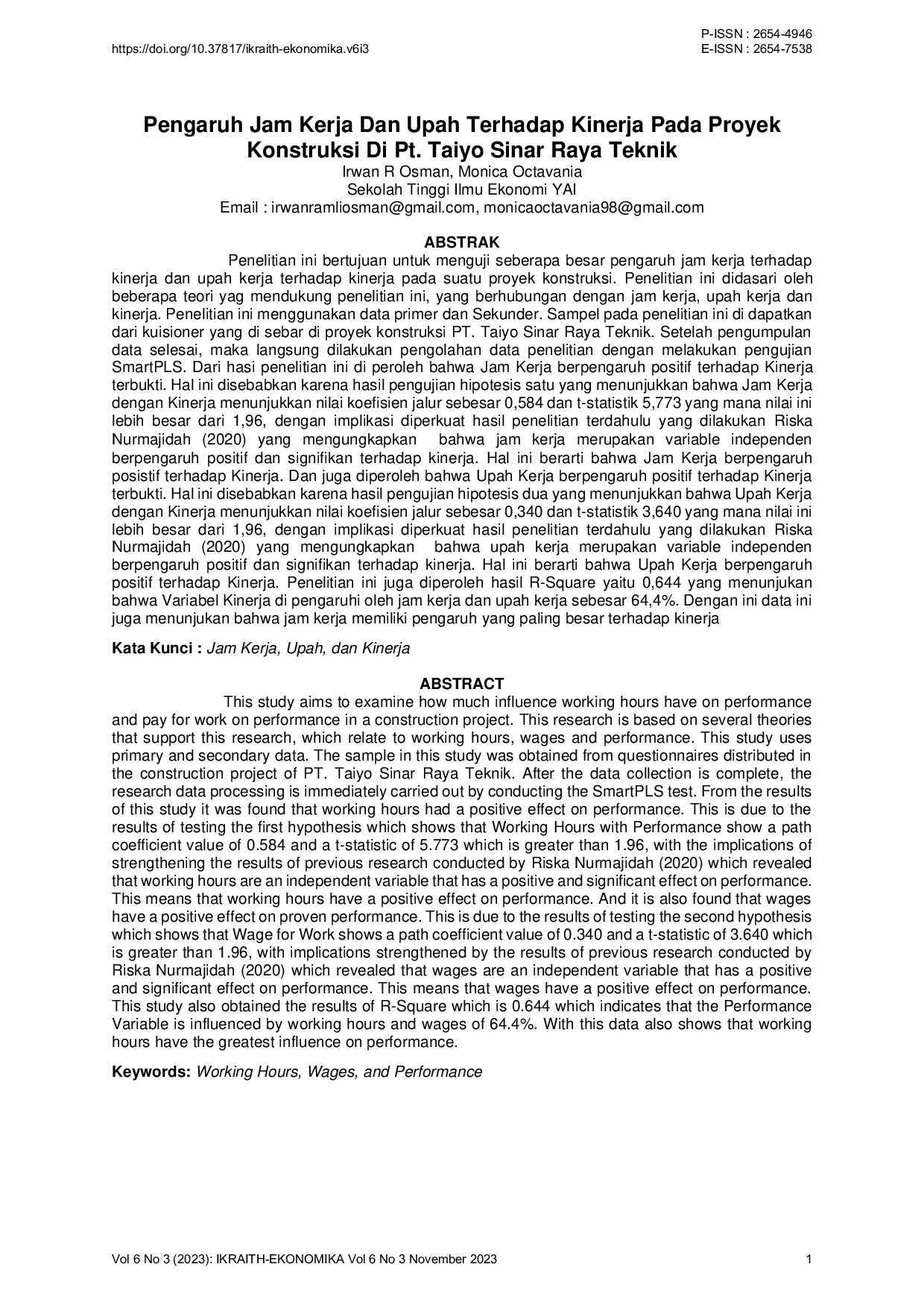 JURIS Pengaruh Jam Kerja Dan Upah Terhadap Kinerja Pada Proyek Konstruksi Di Pt Taiyo Sinar Raya Teknik
