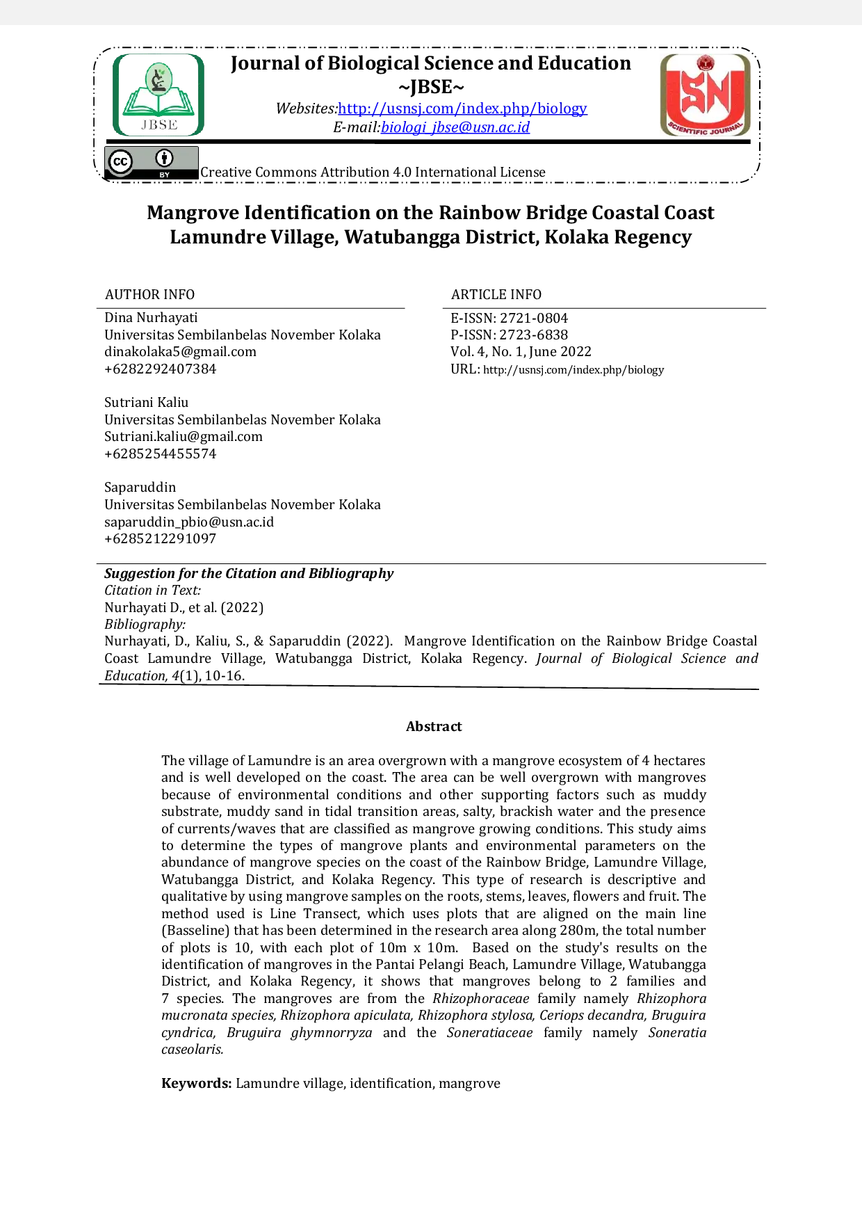 JURIS Identifikasi Mangrove di Pantai Pelangi Desa Lamundre Kecamatan Watubangga Kabupaten Kolaka