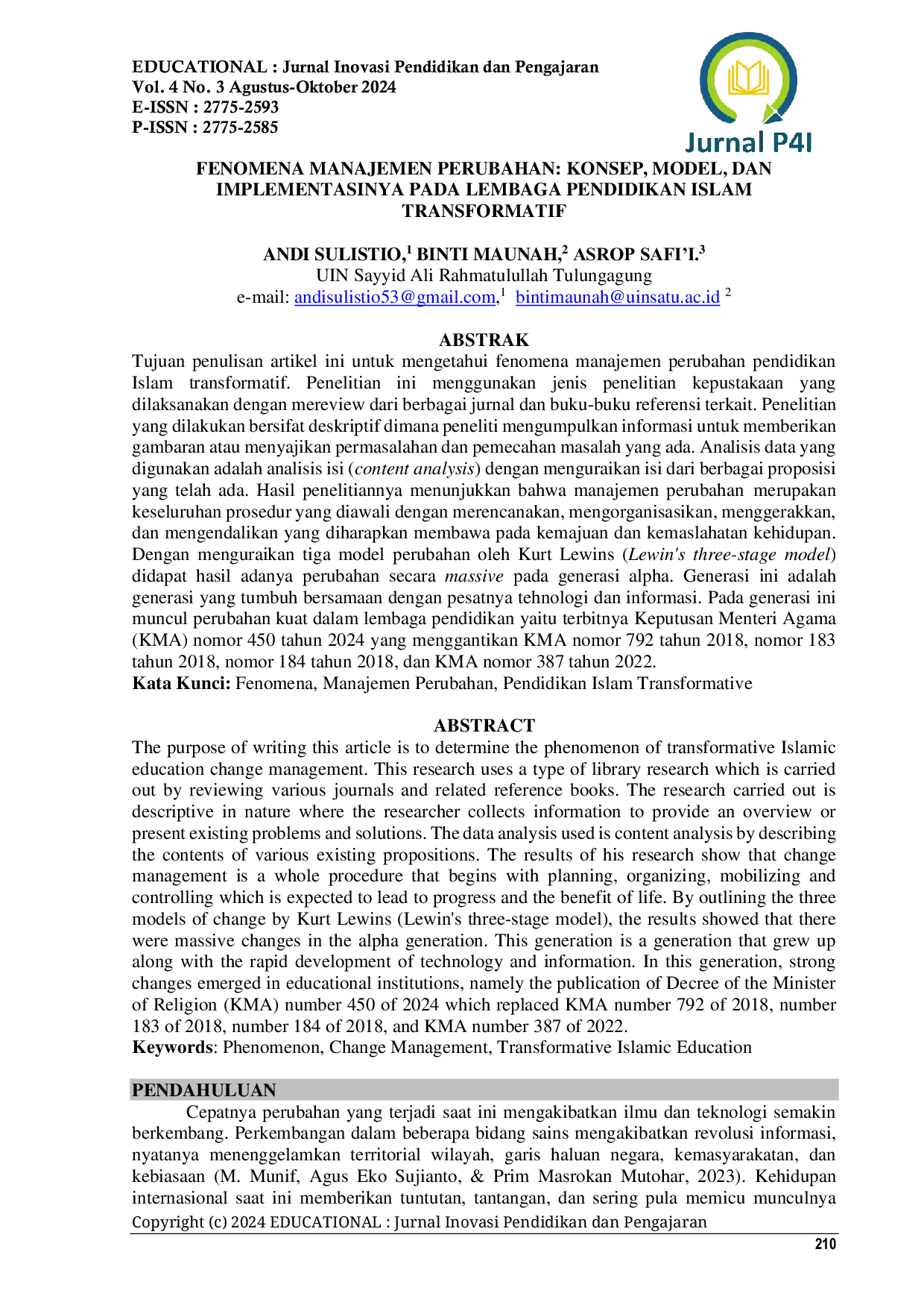 JURIS Fenomena Manajemen Perubahan Konsep Model Dan Implementasinya Pada Lembaga Pendidikan Islam Transformatif
